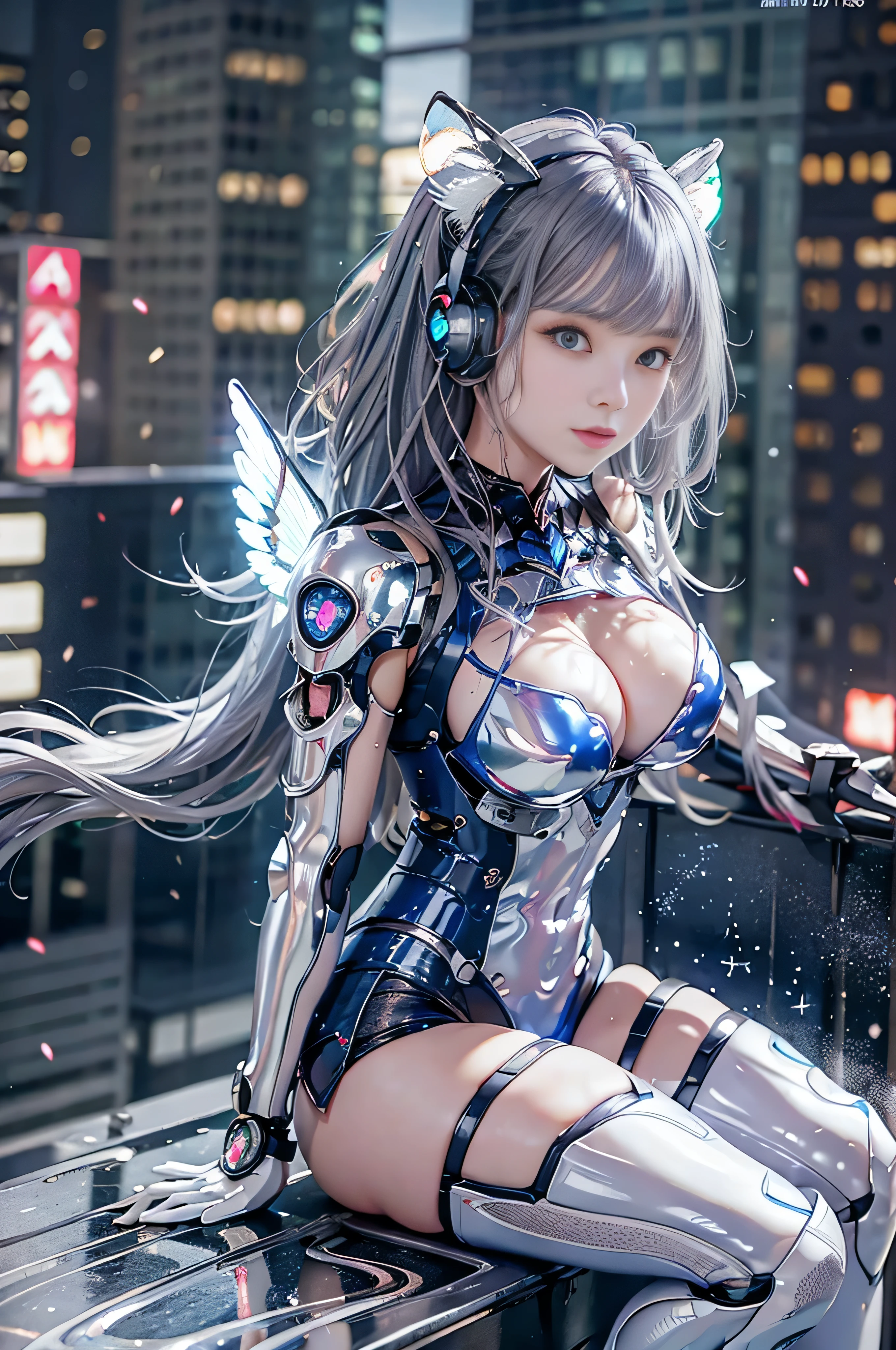 (((RAW image quality:1.4))), {{{masterpiece}}}, {{best image quality}}, {{Super detailed}}, {{8k wallpaper}}, {{perfect anatomy}}, {{High definition and beautiful images, reality, live action, gravure}}, heart shaped face, woman, (((Luminous blue highlights for silver hair:1.4))), white and pink shiny latex leotard, Pink light emitting unit on white mechanism part, knee socks, long gloves, (The costume is made of translucent resin parts., All other clothing is made of resin.), spirit peak, powder snow, Diamond dust, big breasts, cleavage, thighs, shoulder bangs, (large pair of mechanical angel wings, 2 beam cannons on headset ):1.4, Beam gun base on seat, snowy cyberpunk metropolis, Sitting on the roof of a building, (Angle of view above the knee, facing the front, looking at camera), Big city at night,