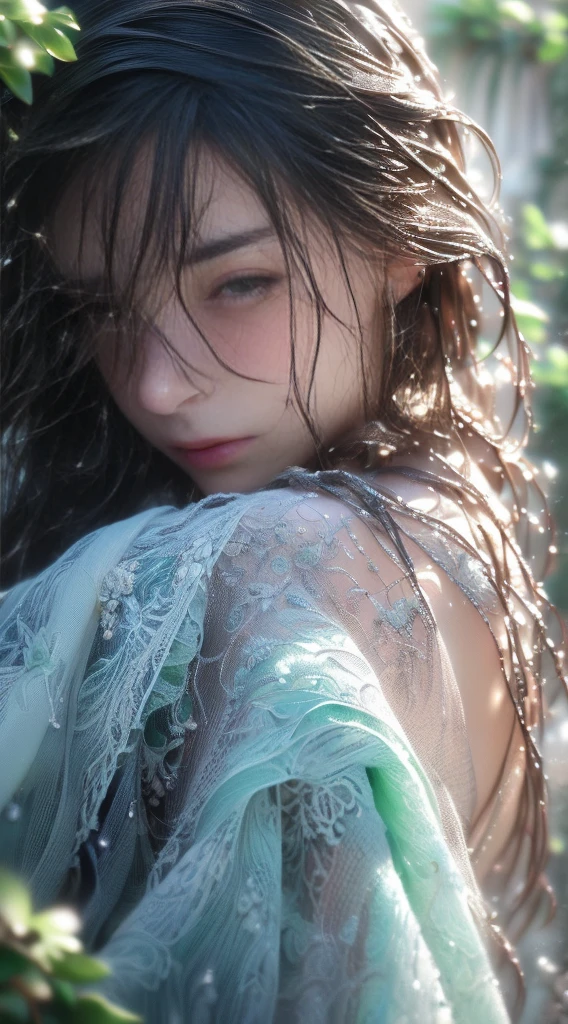 (masterpiece), (best quality:1.4), Ridiculous, [:intricate details:0.2], 1 girl, (naked towel), (fountain, hot spring:1.2), hydrated skin, (FOG:1.2), mist, skin shiny, Glowing skin, (partially submerged in the hot spring:1.2), (wet hair:1.2), mist, wet, moisture,