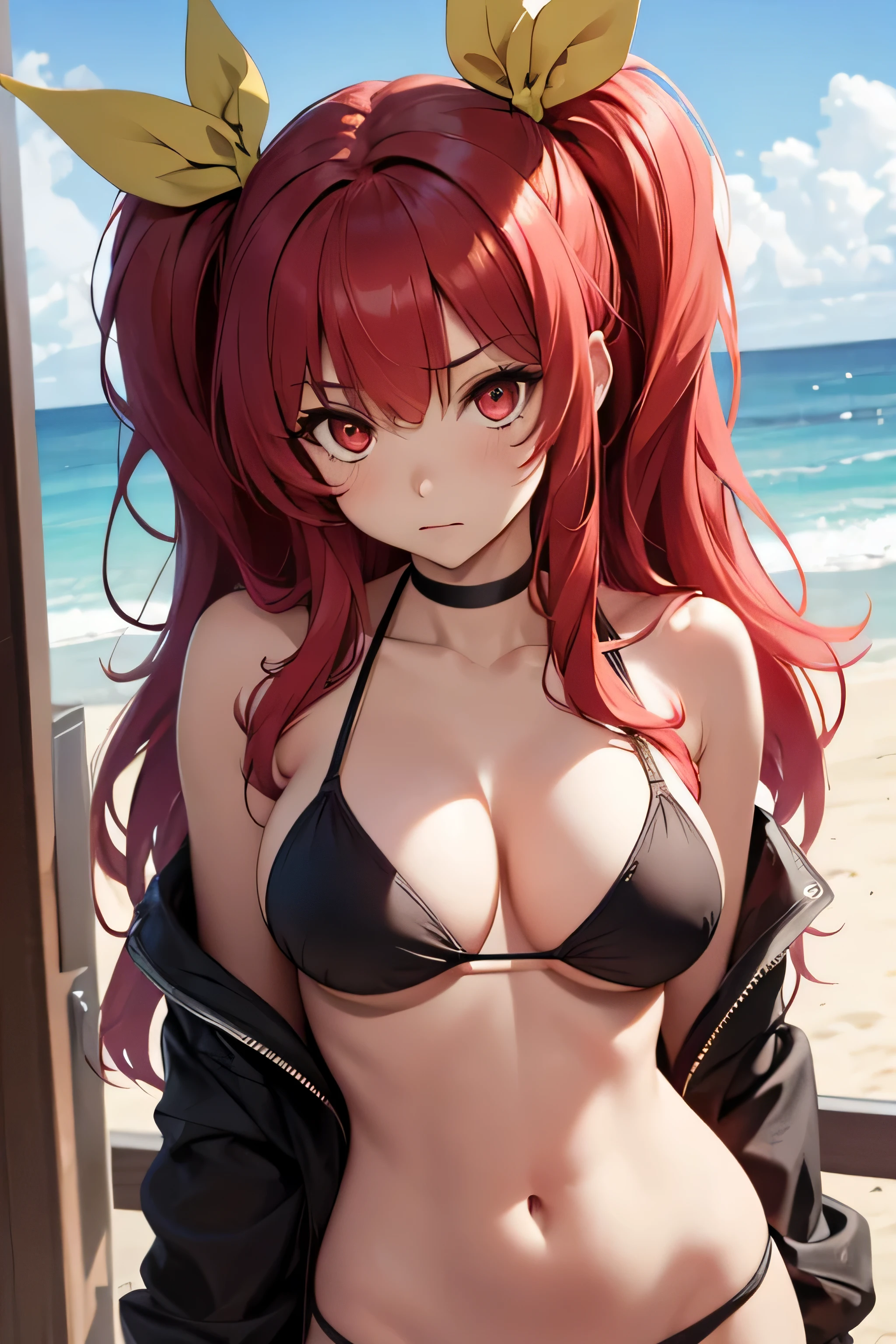 absurdres, high res, ultrasharp, 8K, {masterpiece}, expressive eyes, extremely detailed, best quality, perfect face, Stella Vermillion, 1girl, red eyes, long hair, yellow ribbon, red hair, hair ribbon, solo, beach, bikini, contrapposto,