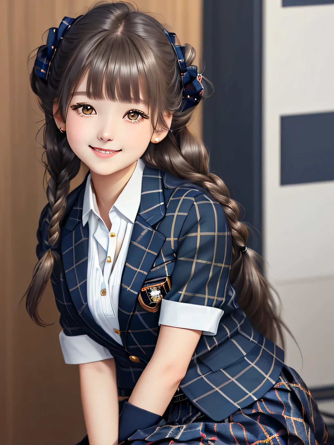 (18 year old japanese girl), height: 165cm, Very beautiful portrait, realistic cute girl drawing, amazing digital paintings, elegant digital paintings, baroque digital painting, detailed beautiful portrait, ((brown eyes)), ((((Conservative dark blue and navy plaid mid-length pleated tartan check skirt)))),((((dark blue school blazer with emblem)))), (((twin braid hairstyle))), ((only looking at the viewer)), ((Transparent pure white skin)), ((very white skin)), ((small face)), ((Her curly bangs are so cute)), ((long eyelashes)), (((close your eyes and smile))), ((put your hand on your chest)), ((The corners of the eyes are drooping)), ((thin downward eyebrows)), white background