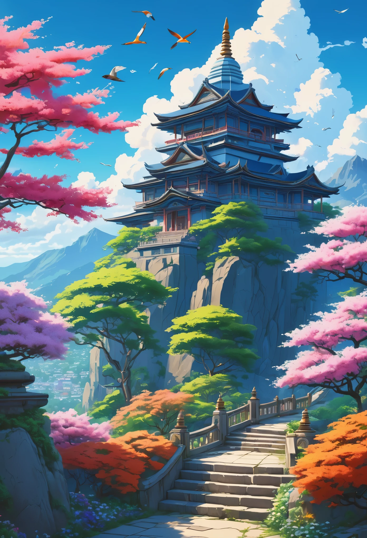 Imagine breathtaking anime-style landscape featuring a hindu indian temple nestled atop a vibrant mountain peak. Envision a long, winding staircase leading up to the temple, surrounded by lush, colorful trees and blooming flowers. The sky above should be a serene shade of blue, adorned with fluffy clouds and birds soaring gracefully. Infuse the scene with a warm, inviting atmosphere and vibrant hues, capturing the essence of nature's beauty in stunning detail. Ensure the image is of high quality, rich in intricate details, and radiating the unmistakable charm of anime art style; anime style; vibrant; studio Ghibli style; high resolution