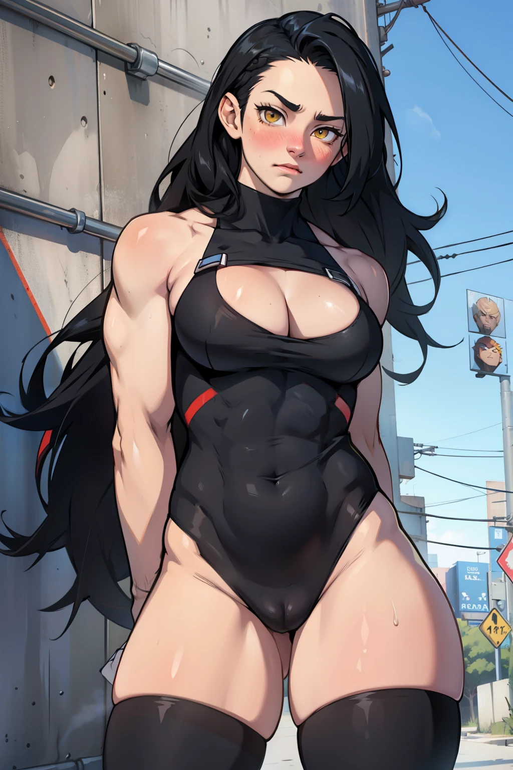 pale girl muscles breasts thighs black hair yellow eyes (long hair) blush embarassed