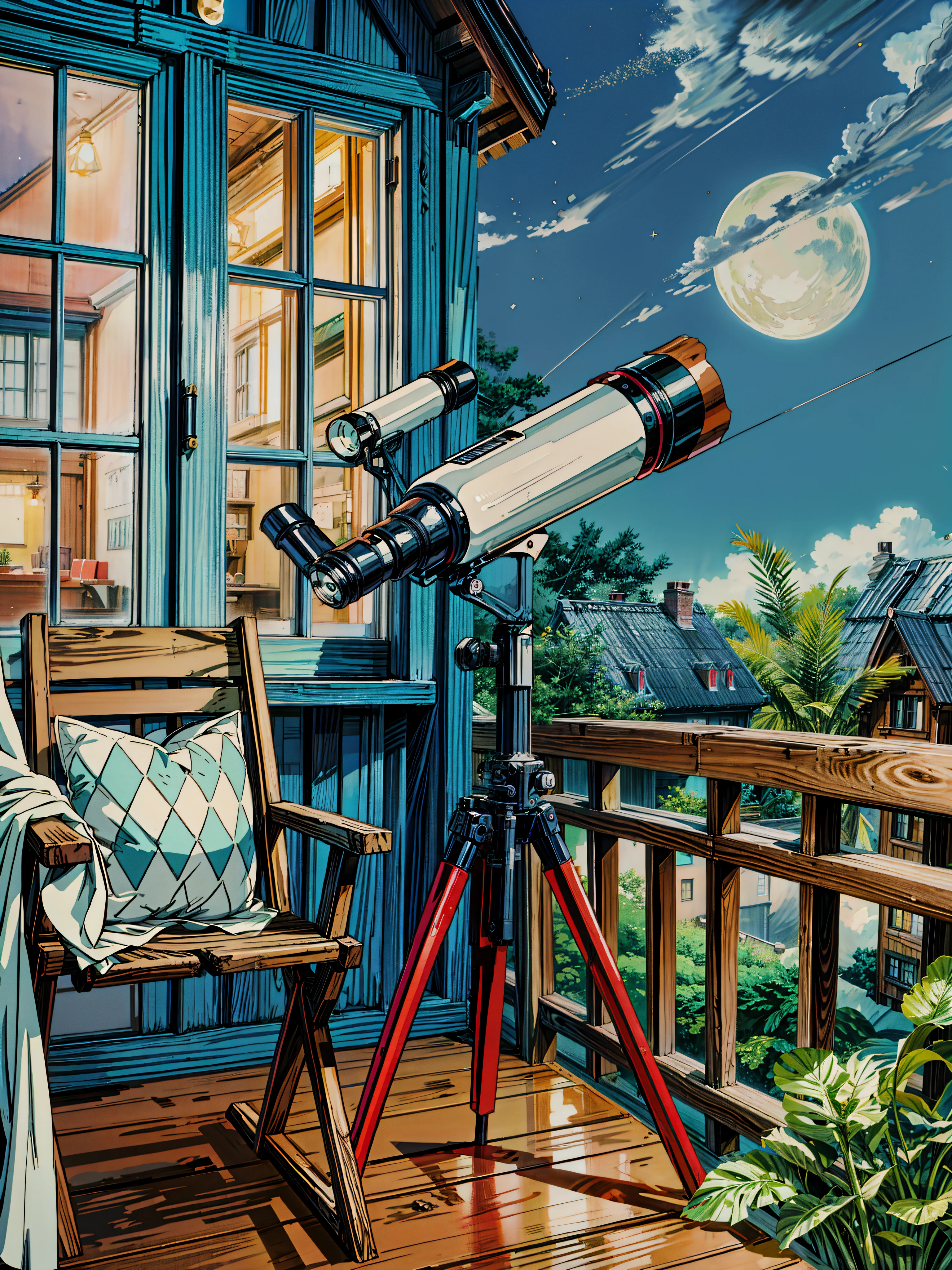painting of a telescope sitting on top of a wooden bench, by Edward Okuń, nightime village background, telescope, night time with starry sky, outdoors at night, watching the stars at night, set in observatory at night, night starry sky full of cats, night sky background, night background, calm night. digital illustration, roof background, watching the stars , beautiful calm lofi vibe, monstera plant, hanging lights  , 4k hd, cloud,big window,open balcony,book rack,beautiful art uhd 4 k, a beautiful artwork illustration, beautiful digital painting, highly detailed digital painting, beautiful digital artwork, detailed painting 4 k, very detailed digital painting, rich picturesque colors, gorgeous digital painting, no human, no people