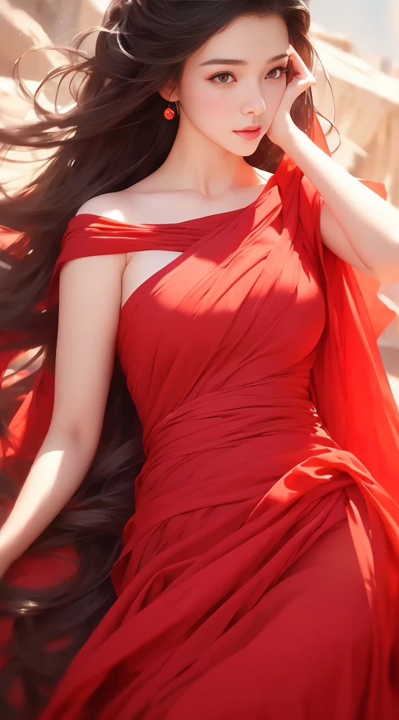 1 female, 18 years old, full body portrait, black hair, flowing hair, hazy beauty, Has extremely beautiful facial features, red dress, ,  , (spring,Terraces, ), Simple vector art, , soft light, layered form, look down