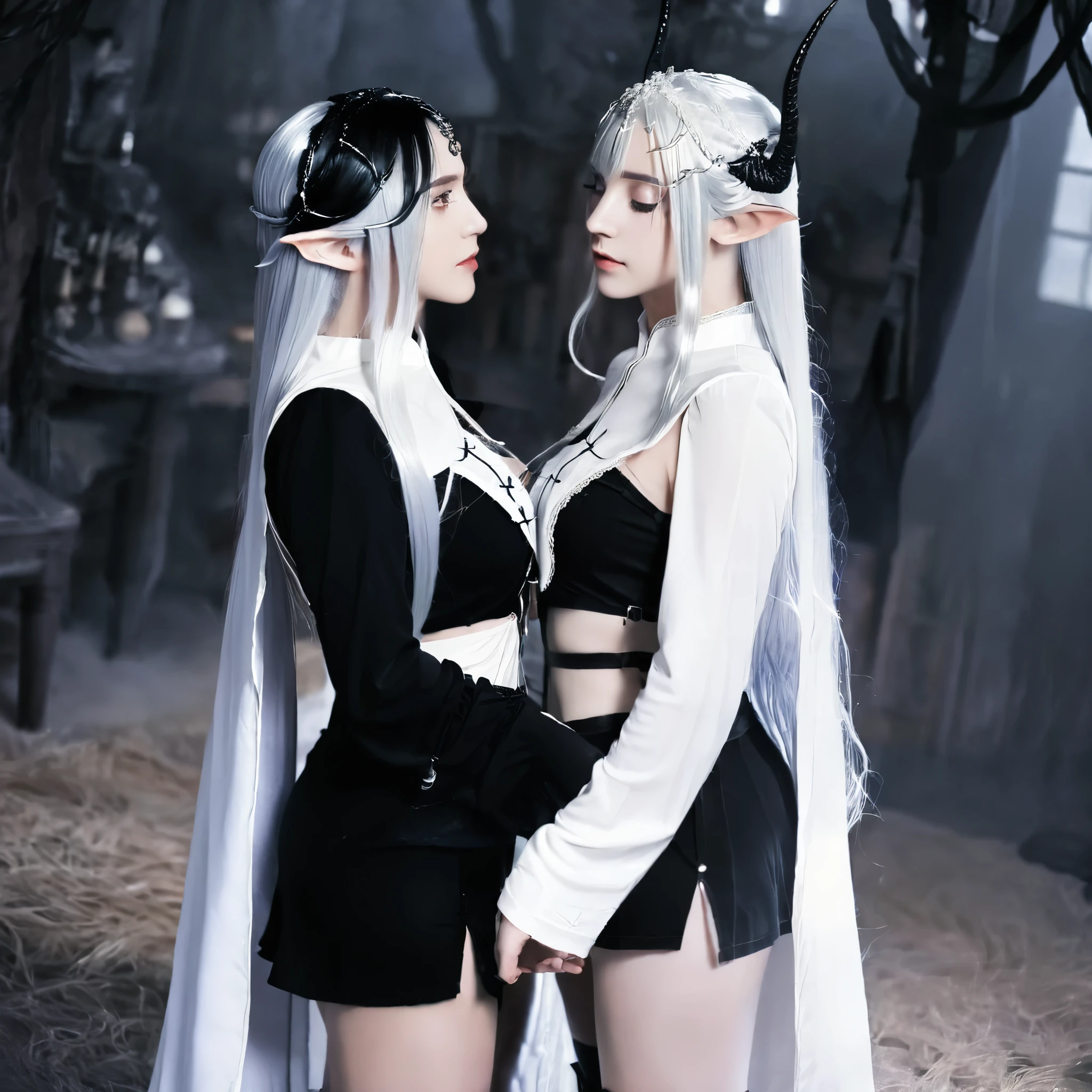 2girl ,black clothes,white clothes, black hair, white hair, dark elf