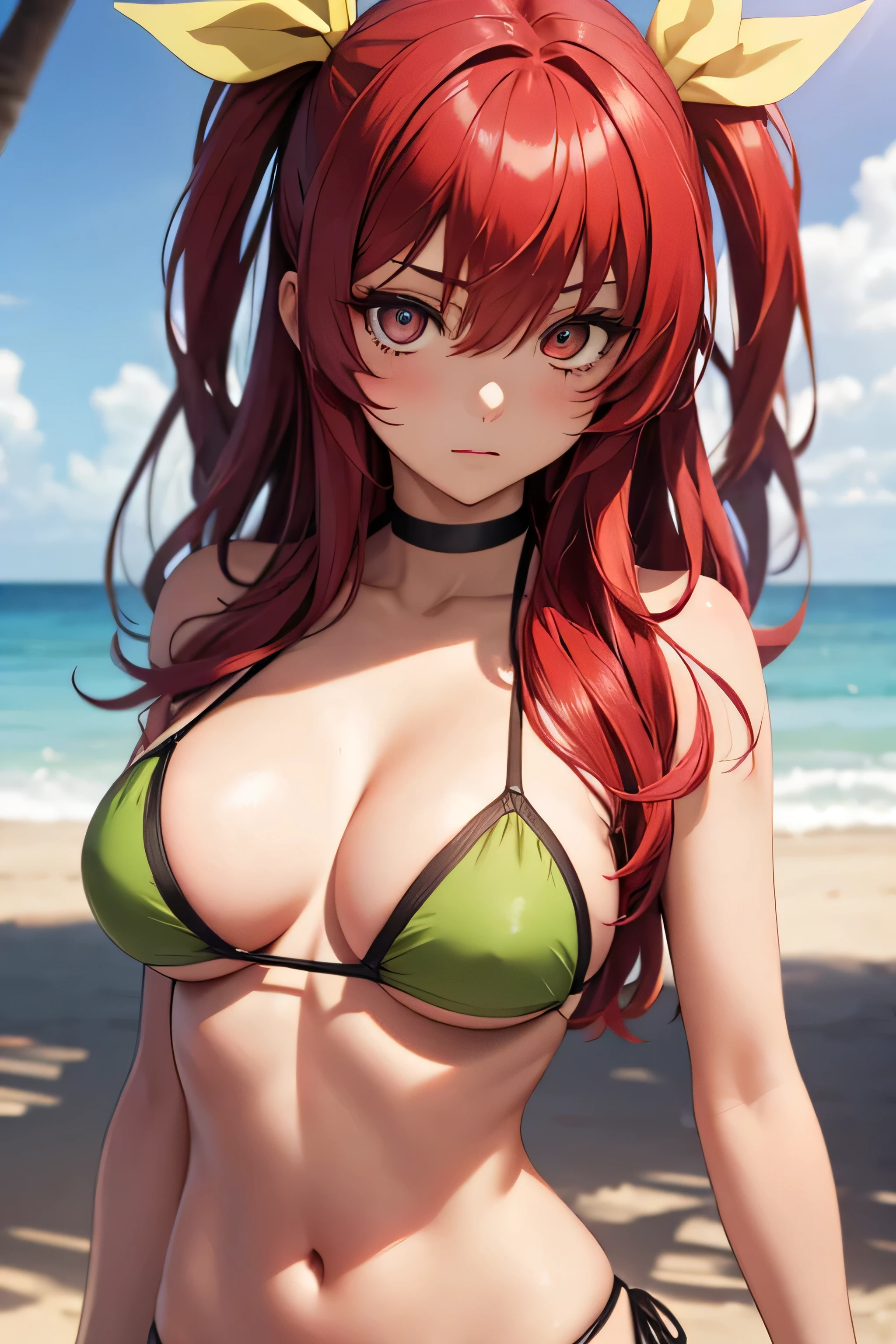 absurdres, high res, ultrasharp, 8K, {masterpiece}, expressive eyes, extremely detailed, best quality, perfect face, Stella Vermillion, 1girl, ruby eyes, long hair, yellow ribbon, red hair, hair ribbon, solo, beach, bikini, contrapposto,