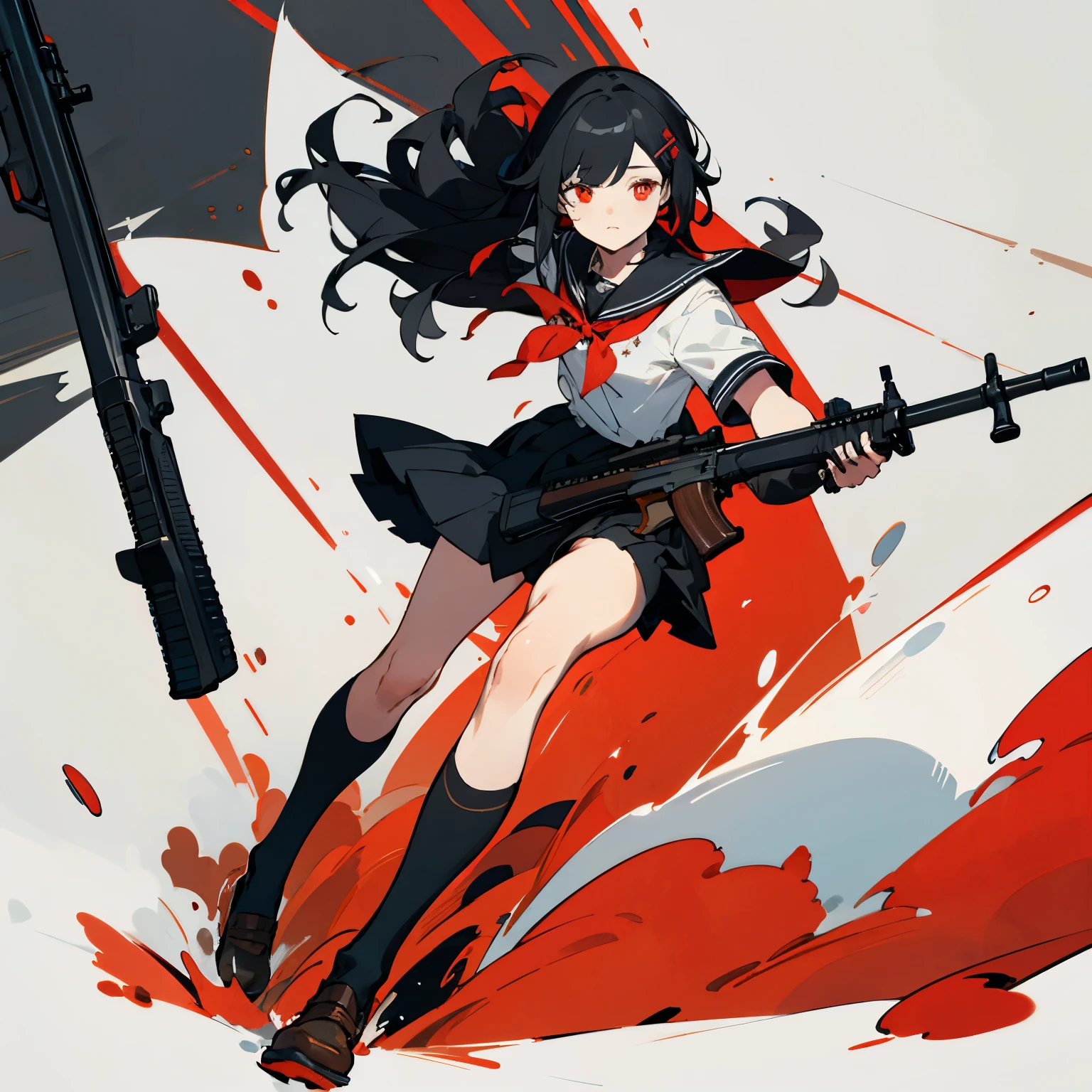 Very accurate details，Dark system，8k wallpaper，long black hair，Height 1.6 meters，-year-oldutifuirl，Black and red JK school uniform，Black over-the-knee socks on left leg，Black socks and leg ring on right leg，Holding a semi-automatic rifle in his hand，whole body。black red pupils，black hairpin，stand