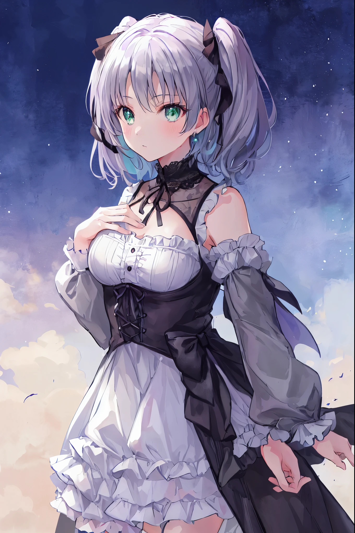 (1 girl),gothic,twin tails,gray hair, organdy lace,gorgeous and flashy costumes,gothic, flight, green, (colorful), Bold strokes, gradient blend, motion blur, shimmering texture, dynamic composition, atmospheric perspective, Impressionism, , (masterpiece), (highest quality), wonderful, (detailed and beautiful eyes), (finely), Depth of the bounds written, Very detailed CG, original, highly detailed wallpaper, (Bright colors), cinematic lighting, (colorful), blush,