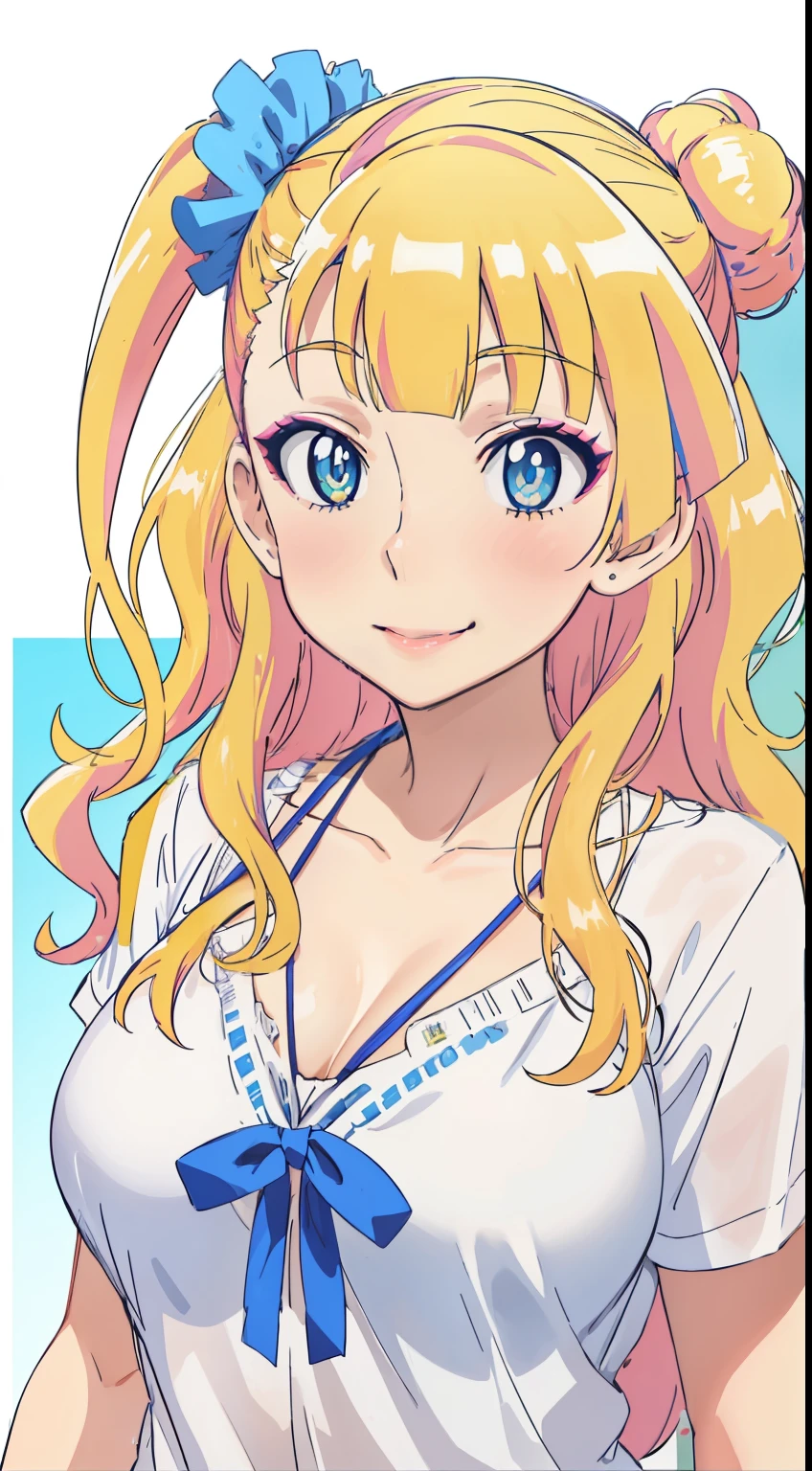 1 girl, galko,Galko,short bob,big breasts,smile,makeup,white shirt,clavicle,natural lip,skin luster,looking at the viewer, in the center of the image,cowboy shot,１with people,
highest quality, High resolution, beautiful eyes, highly detailed face, Detailed CG, 