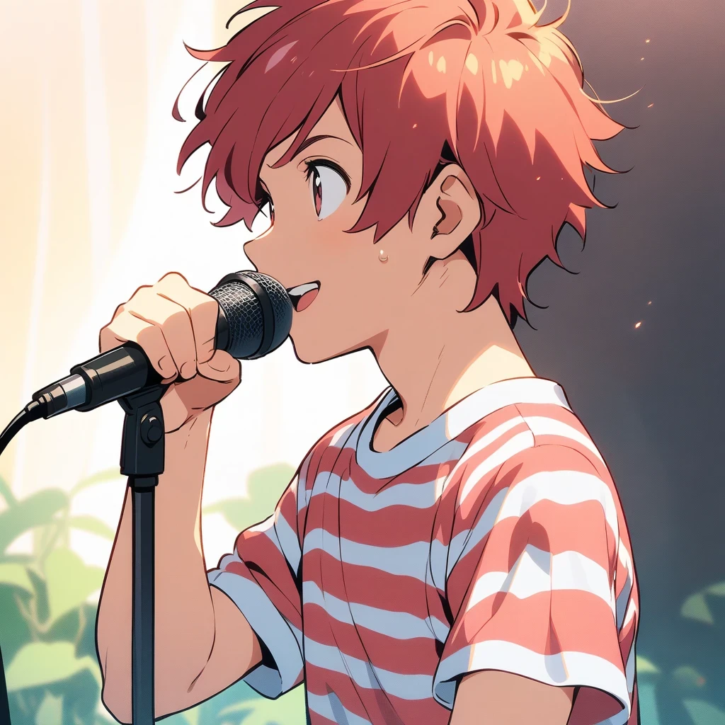 red-haired man with a microphone, Studio Ghibli Anime Striped Shirt