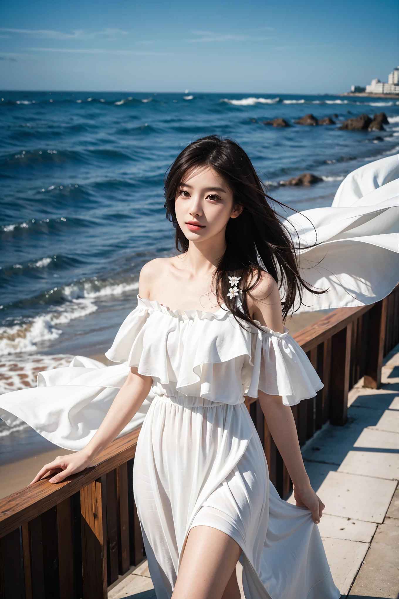 lovely girl by the sea,voluminous hair,delicate face,realistic,For real,large aperture,wear a white dress,cropped dress,Off shoulder,dress around the neck,slim,Sexy,ultra high resolution