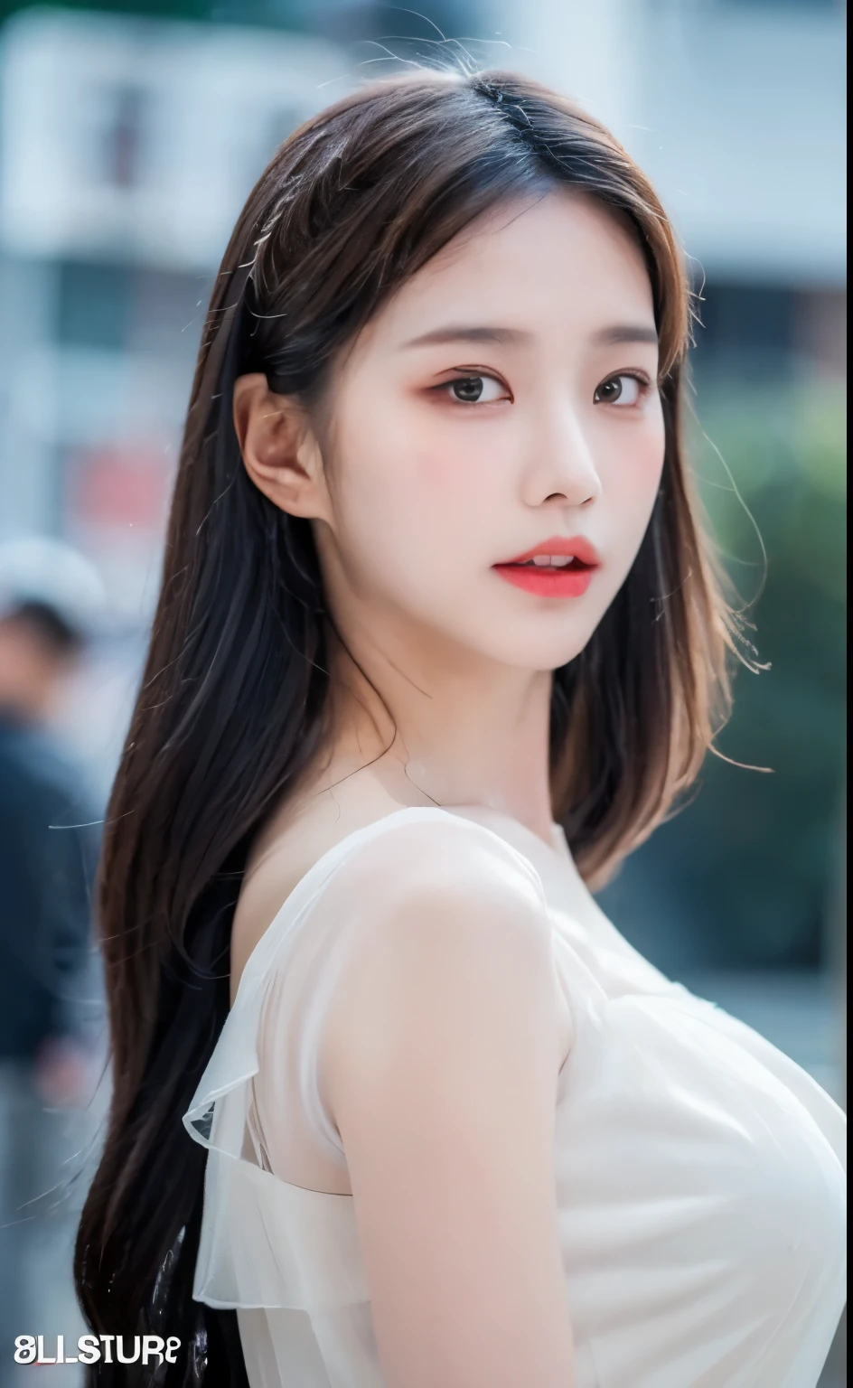 ((best quality, 8K, masterpiece:1.3)), focus:1.2, perfect body beautiful:1.4, buttocks:1.2, ((layered hairstyle)), (wet clothes:1.1), (rain, street:1.3), (breast: 1.2), white dress, (tube top dress: 1.2), Highly detailed facial and skin textures, narrow eyes, double eyelids, skin whitens, long hair, (shut up: 1.5), (blurred background: 1.5)