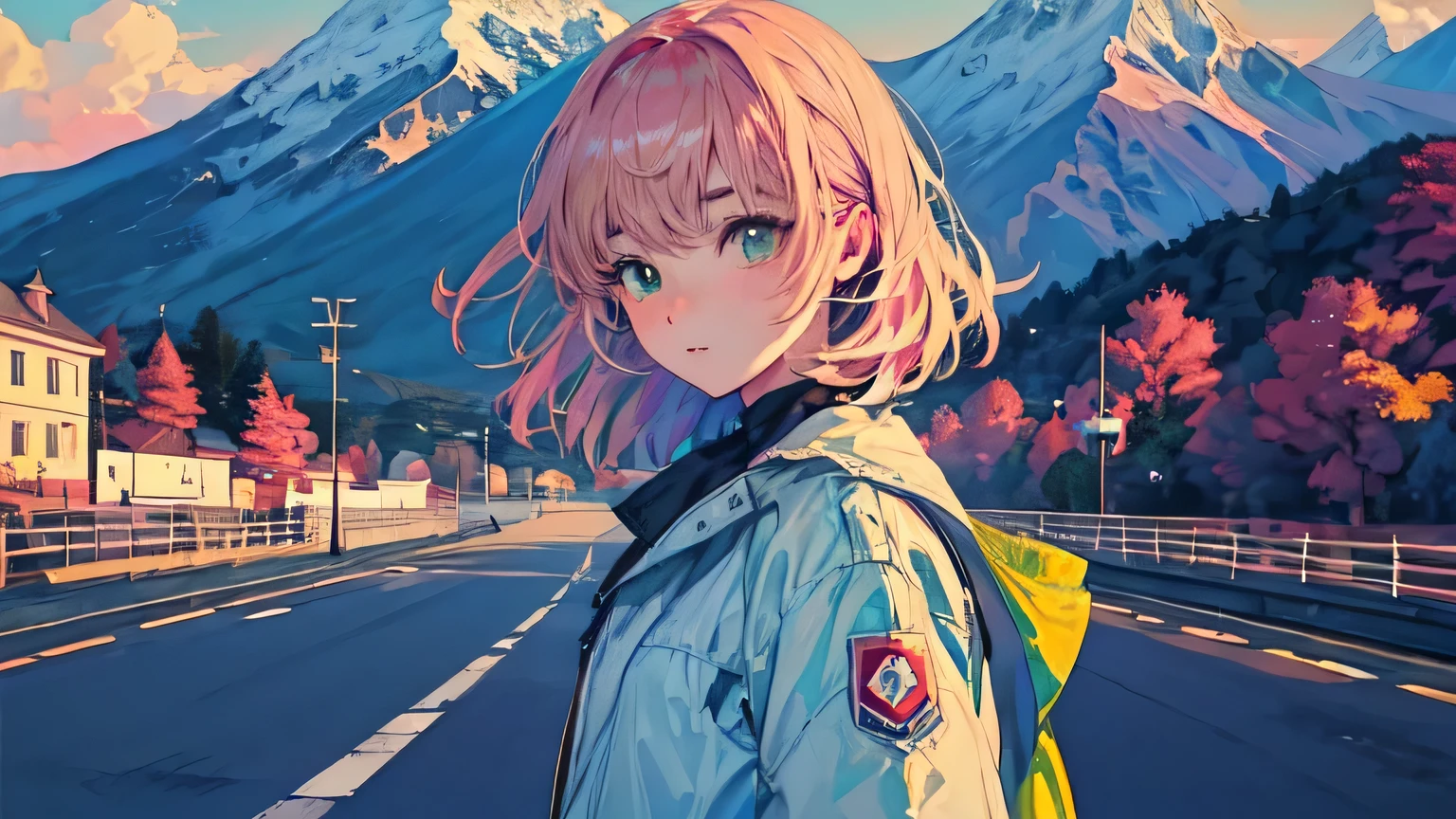 best quality, 4K wallpaper, masterpiece, extremely detailed CG unity 8k wallpaper, extremely detailed eyes, ultra-detailed, intricate details, face close up 1 happy smile shy girl in center, heterochromia, retro art style, neon pop abstract art style, public, highway road, lake, mountain, car