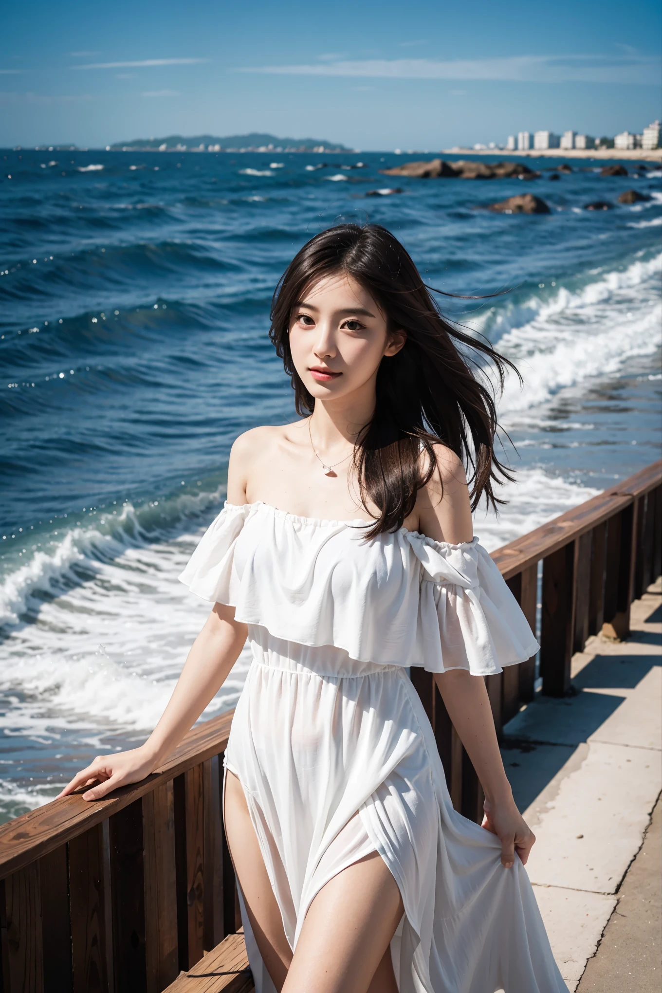 lovely girl by the sea，voluminous hair，delicate face，realistic，For real，large aperture，wear a white dress，cropped dress，Off shoulder，dress around the neck，slim，Sexy，ultra high resolution