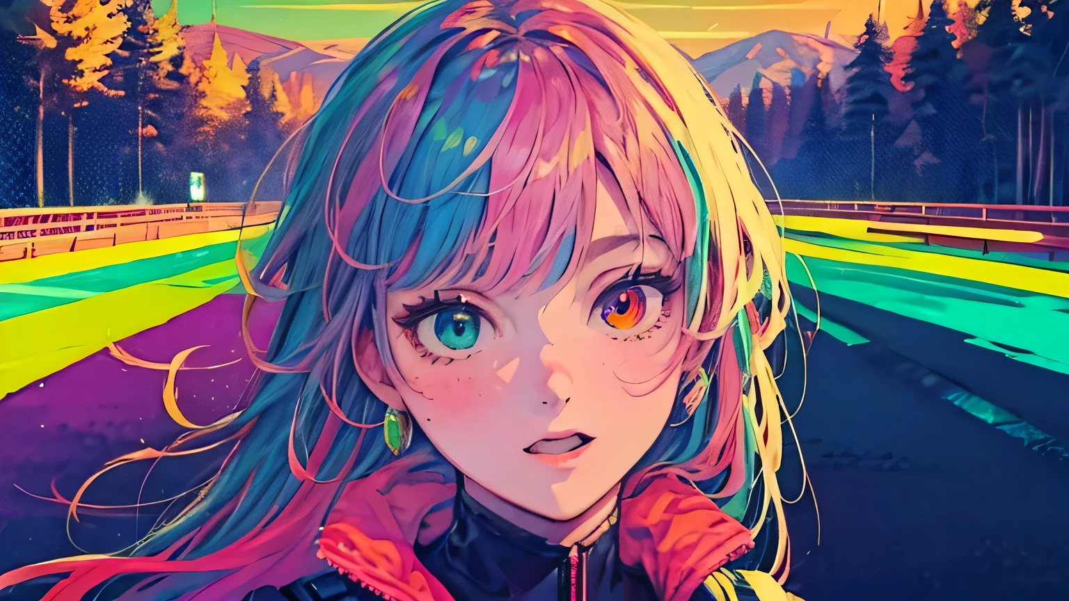 best quality, 4K wallpaper, masterpiece, extremely detailed CG unity 8k wallpaper, extremely detailed eyes, ultra-detailed, intricate details, face close up 1 happy smile shy girl in center, heterochromia, retro art style, neon pop abstract art style, public, highway road, lake, mountain, car