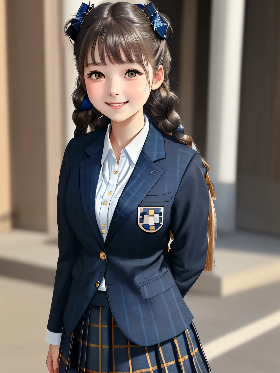 (18 year old japanese girl), Very beautiful portrait, realistic cute girl drawing, amazing digital paintings, elegant digital paintings, baroque digital painting, detailed beautiful portrait, ((brown eyes)), ((((Conservative dark blue and navy plaid mid-length pleated tartan check skirt)))),((((dark blue school blazer with emblem)))), (((twin braid hairstyle))), ((only looking at the viewer)), ((Transparent pure white skin)), ((very white skin)), ((small face)), ((Her curly bangs are so cute)), ((long eyelashes)), (((close your eyes and smile))), ((put your hand on your chest)), ((The corners of the eyes are drooping)), ((thin downward eyebrows)), white background