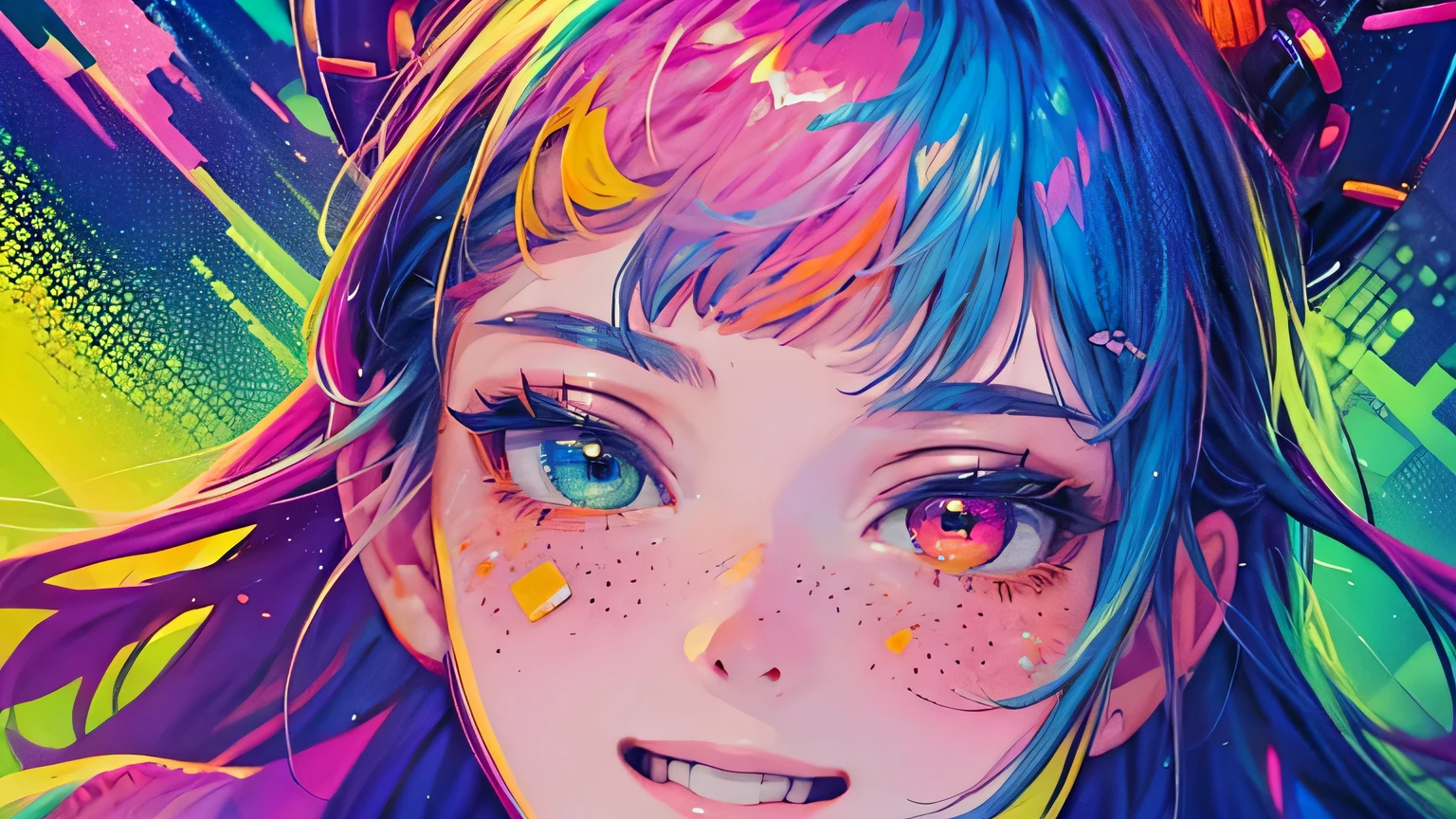 best quality, 4K wallpaper, masterpiece, extremely detailed CG unity 8k wallpaper, extremely detailed eyes, ultra-detailed, intricate details, face close up 1 happy smile shy girl in center, heterochromia, retro art style, neon pop abstract art style, public, highway road, lake, mountain, car