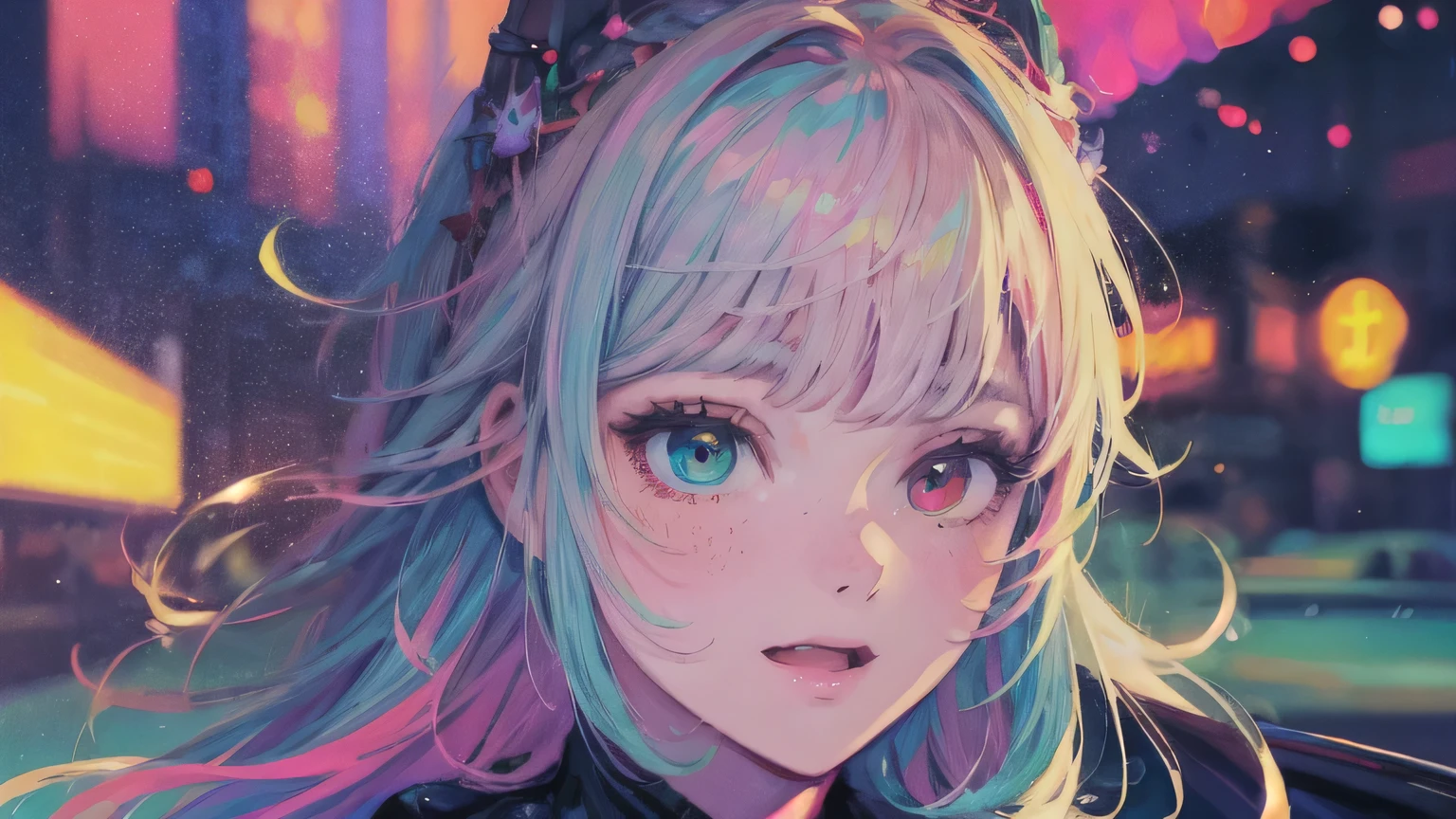 best quality, 4K wallpaper, masterpiece, extremely detailed CG unity 8k wallpaper, extremely detailed eyes, ultra-detailed, intricate details, face close up 1 happy smile shy girl in center, heterochromia, retro art style, neon pop abstract art style, public, highway road, lake, mountain, car