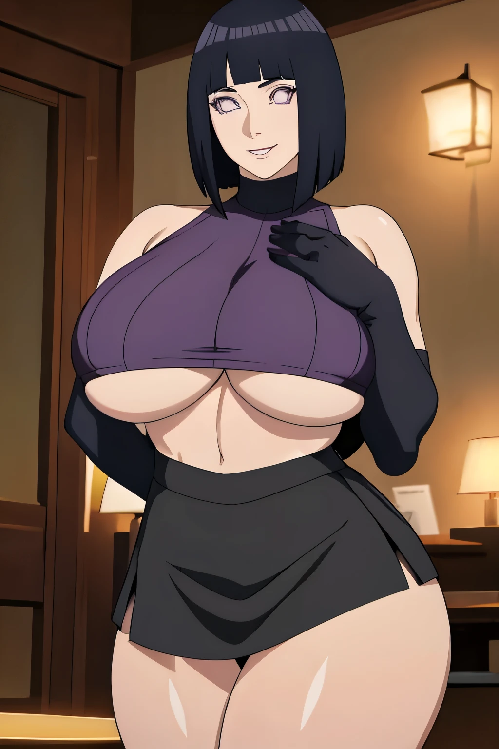 masterpiece, absurdres, hinata\(boruto\), 1girl, solo,mature female, black mini skirt, perfect composition, detailed lips, gigantic breast, beautiful face, body propotion, short hair,  purple eyes,  soft gaze,  super realistic, detailed, photoshoot, realistic face and body, underboob, black turtleneck, gigantic breasts, curvy, cowboy shot, bare shoulders, seductive smile, inside, nightclub