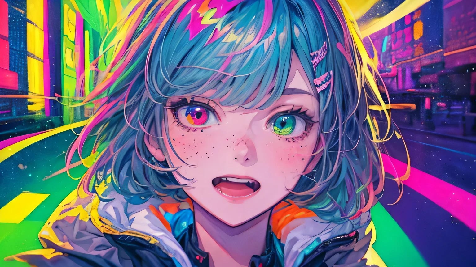 best quality, 4K wallpaper, masterpiece, extremely detailed CG unity 8k wallpaper, extremely detailed eyes, ultra-detailed, intricate details, face close up 1 happy smile shy girl in center, heterochromia, retro art style, neon pop abstract art style, public, highway road, lake, mountain, car