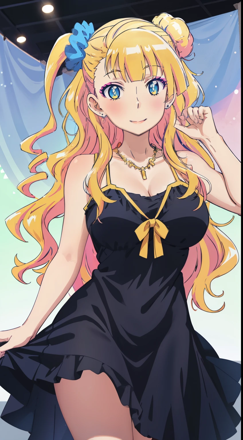 1 girl, galko,Galko,smile,makeup,natural lip,Gorgeous dresses in black,Both shoulders_exposed,necklace,earrings,skin luster,sexy pose,looking at the viewer, in the center of the image,cowboy shot,１with people,
highest quality, High resolution, beautiful eyes, highly detailed face, Detailed CG, 