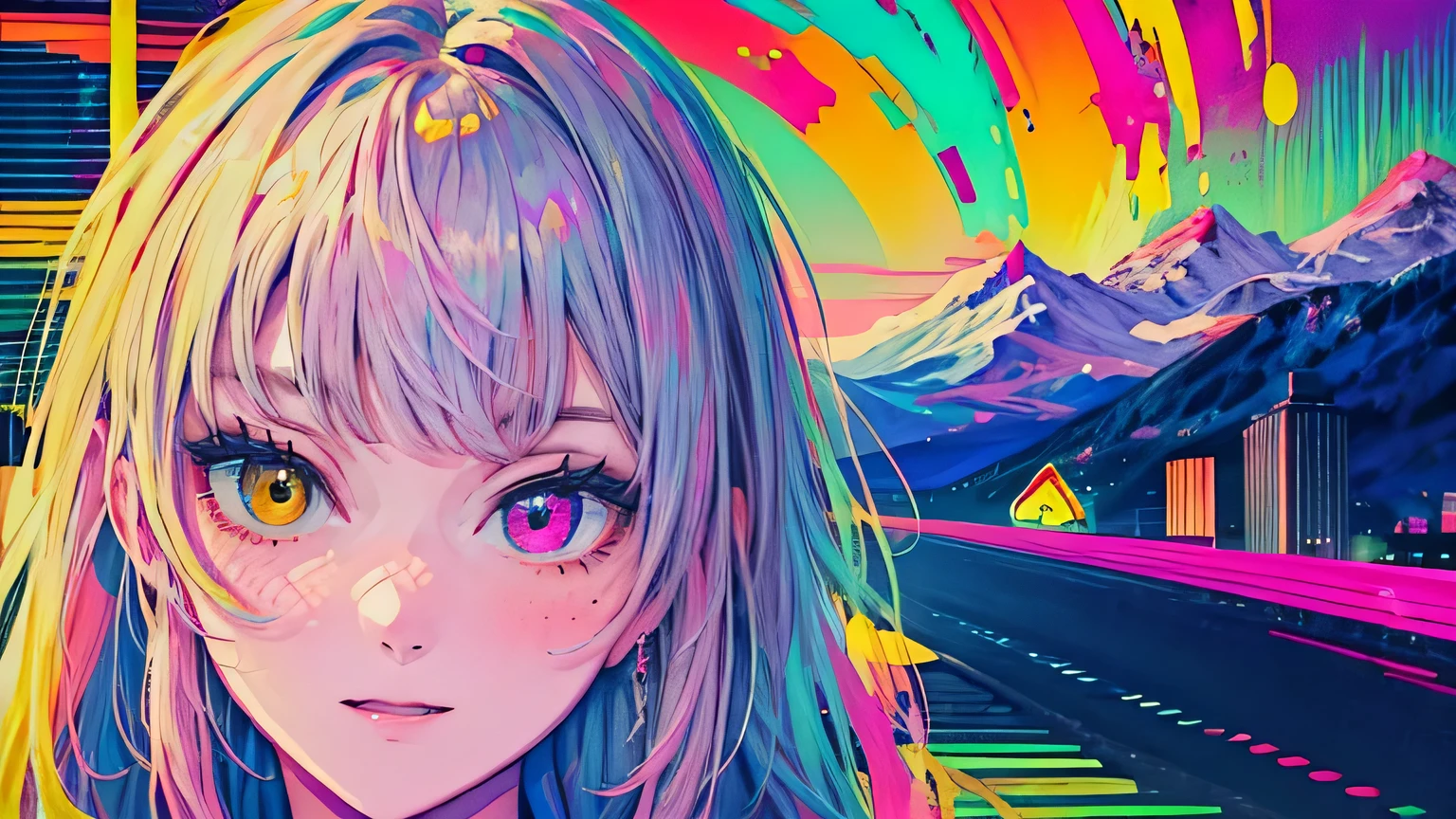 best quality, 4K wallpaper, masterpiece, extremely detailed CG unity 8k wallpaper, extremely detailed eyes, ultra-detailed, intricate details, face close up 1 happy smile shy girl in center, heterochromia, retro art style, neon pop abstract art style, public, highway road, lake, mountain, car