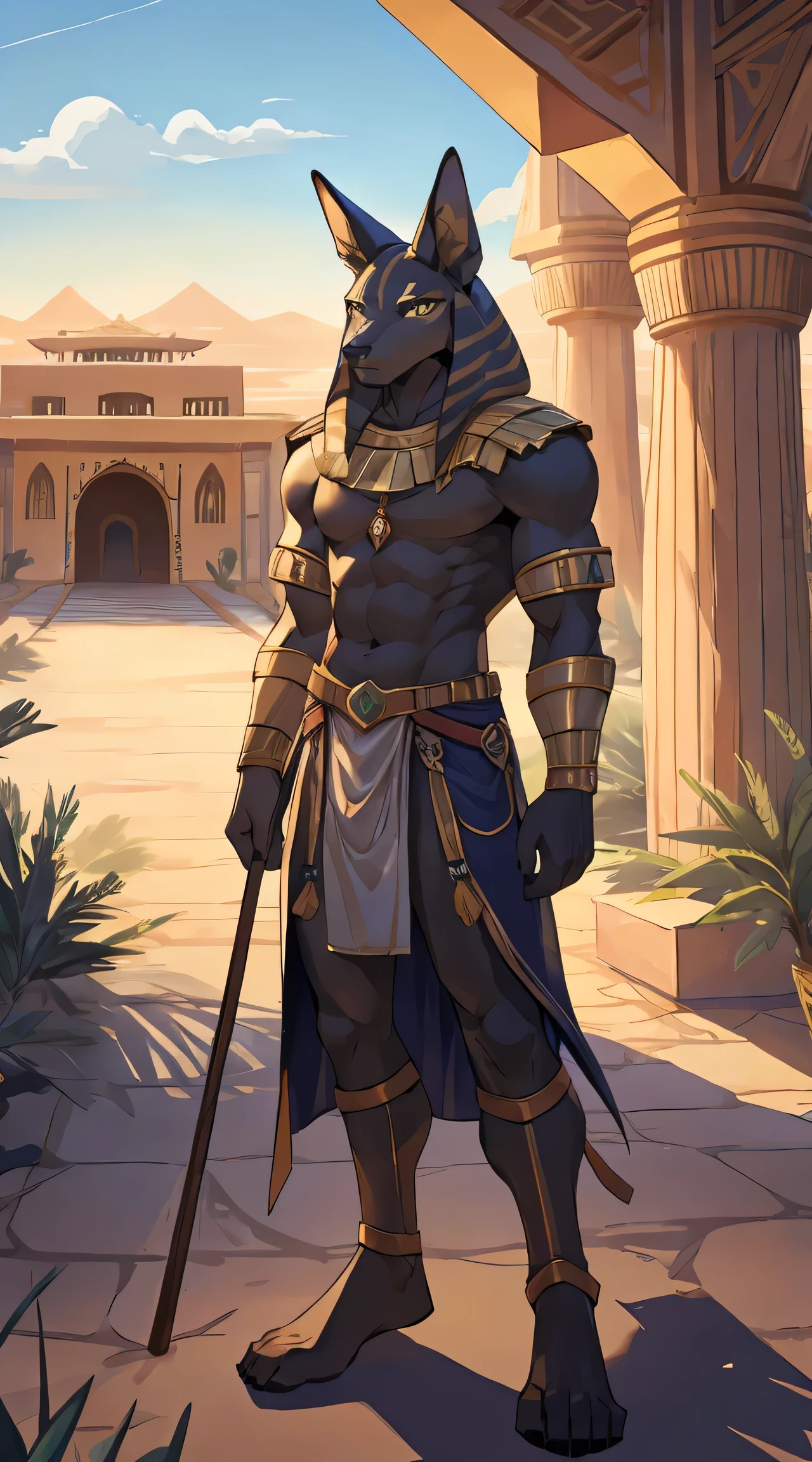 Anubis，Slim，tilt，whole body，front，foot，high quality，Illustration quality，A couple of clothes，Desert Palace