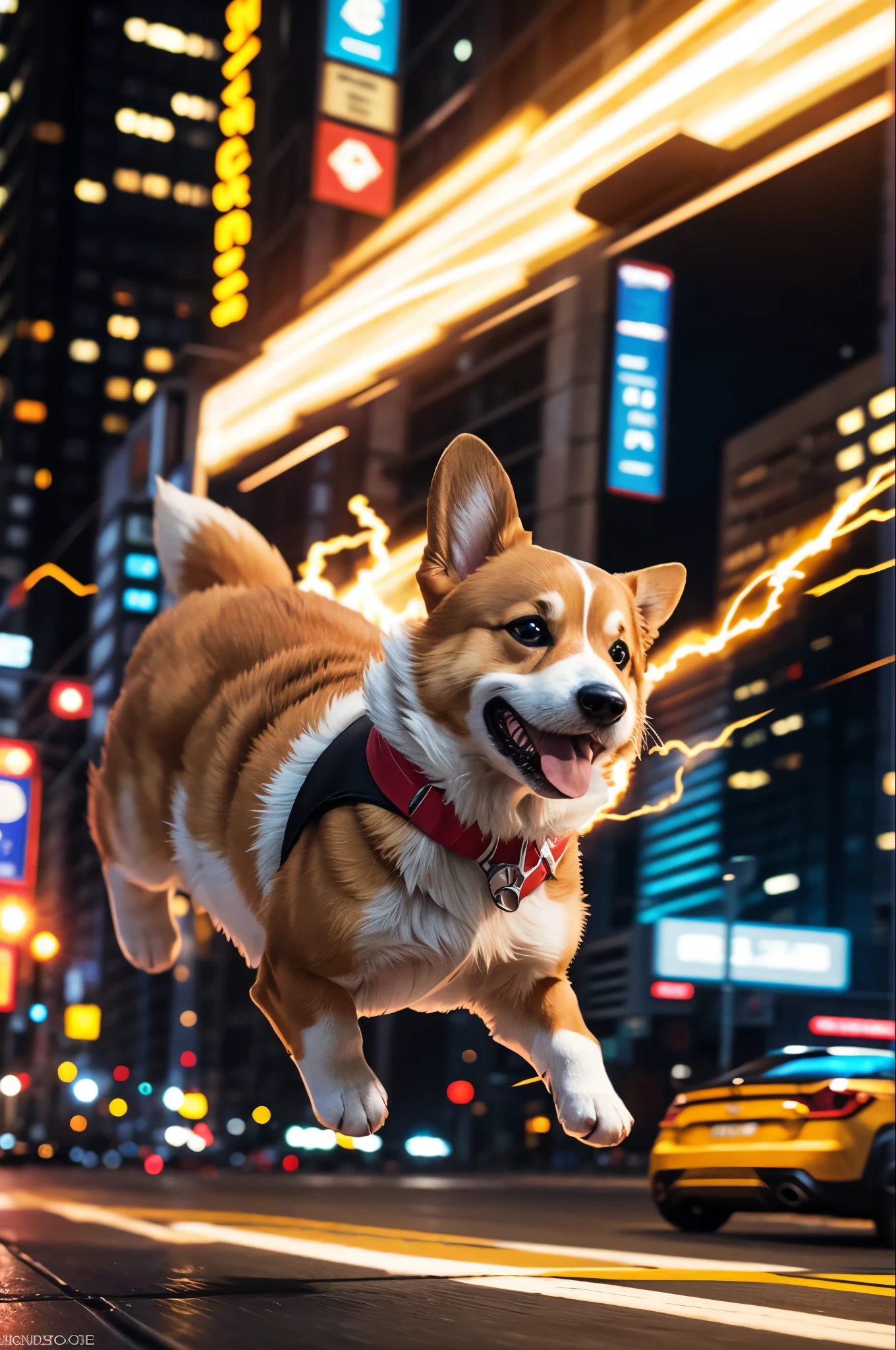 a corgi superdoge The Flash suit . running with a speed force panning shot . In big cities , tunder