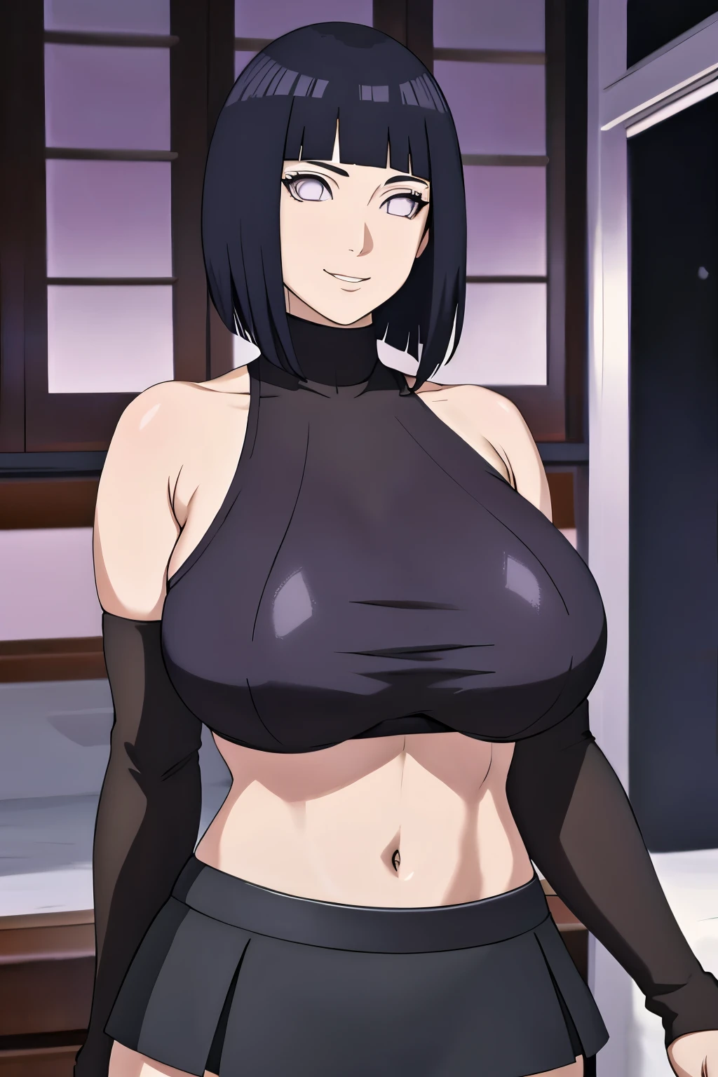 masterpiece, absurdres, hinata\(boruto\), 1girl, solo,mature female, black mini skirt, perfect composition, detailed lips, gigantic breast, beautiful face, body propotion, short hair, purple eyes, soft gaze, super realistic, detailed, photoshoot, realistic face and body, underboob, black turtleneck, gigantic breasts, curvy, cowboy shot, bare shoulders, seductive smile, inside, nightclub