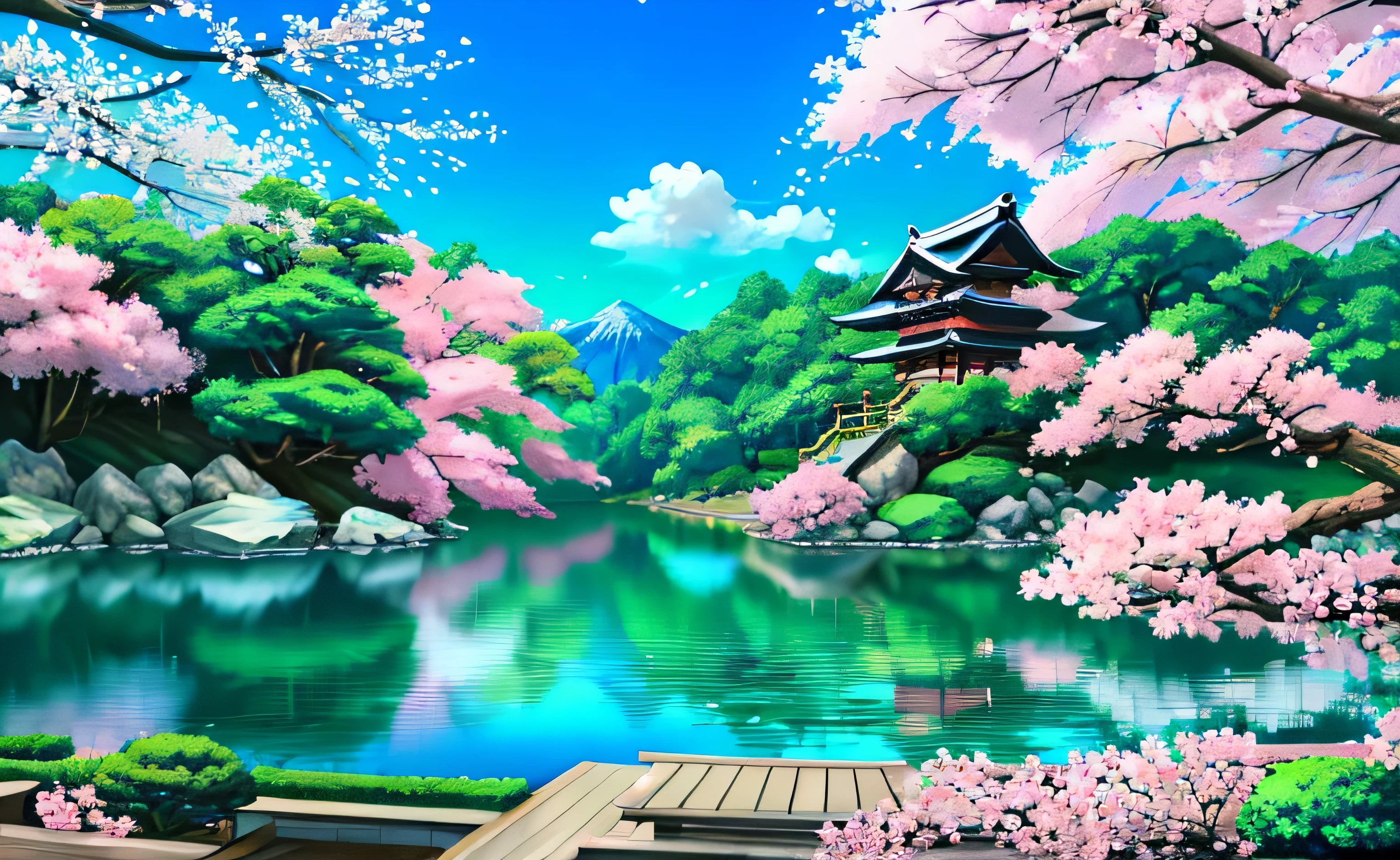 masterpiece, 最high quality, high quality,very detailed、blue sky、landscape、cherry blossoms、Japanese garden、genuine、Super detailed、Emerald green、
