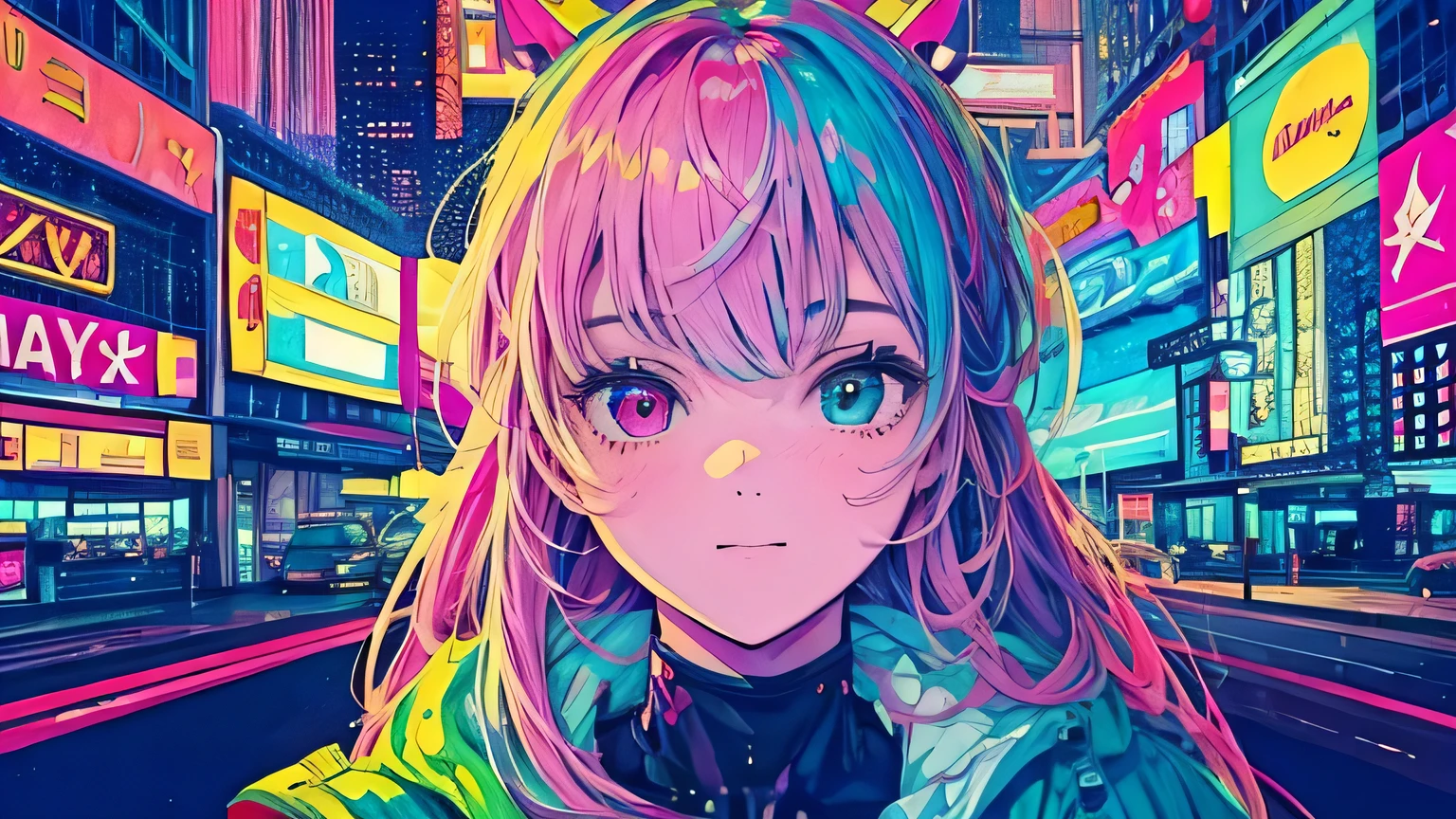 best quality, 4K wallpaper, masterpiece, extremely detailed CG unity 8k wallpaper, extremely detailed eyes, ultra-detailed, intricate details, face close up 1 happy smile shy girl in center, heterochromia, retro art style, neon pop abstract art style, public, highway road, lake, mountain, car
