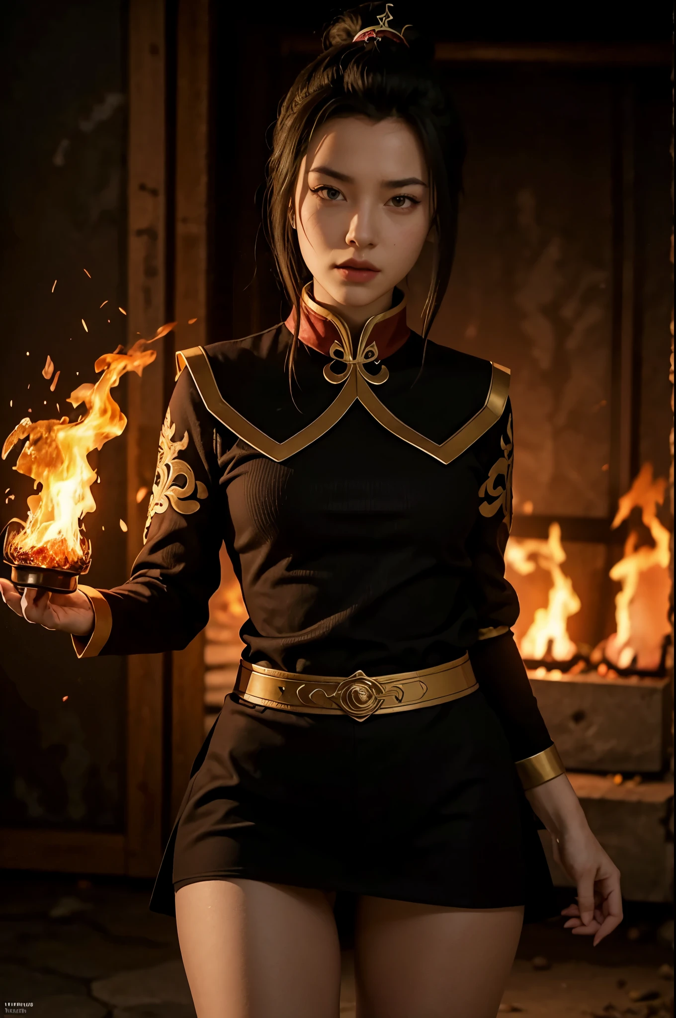 ultra realistic, high res, highly detail, masterpiece, best quality, 1girl, head to thigh shot, Azula, red only Fire VFX, hand fire