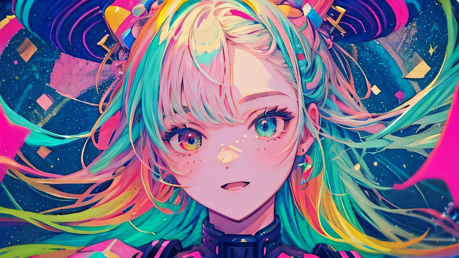 best quality, 4K wallpaper, masterpiece, extremely detailed CG unity 8k wallpaper, extremely detailed eyes, ultra-detailed, intricate details, face close up 1 happy smile shy girl in center, heterochromia, retro art style, neon pop abstract art style, public, highway road, lake, mountain, car