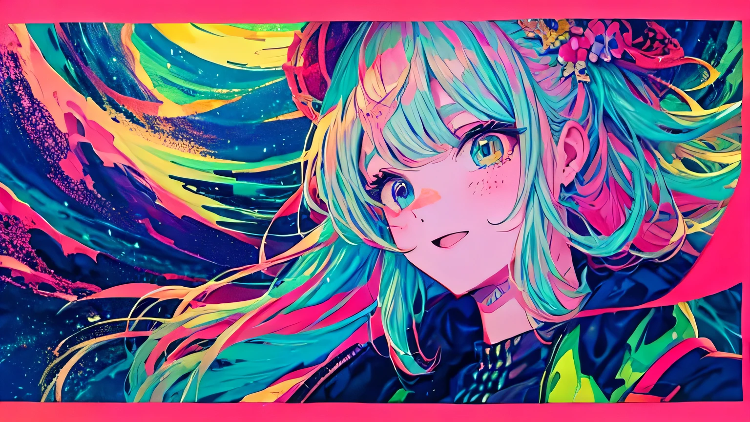 best quality, 4K wallpaper, masterpiece, extremely detailed CG unity 8k wallpaper, extremely detailed eyes, ultra-detailed, intricate details, face close up 1 happy smile shy girl in center, heterochromia, retro art style, neon pop abstract art style, public, highway road, lake, mountain, car