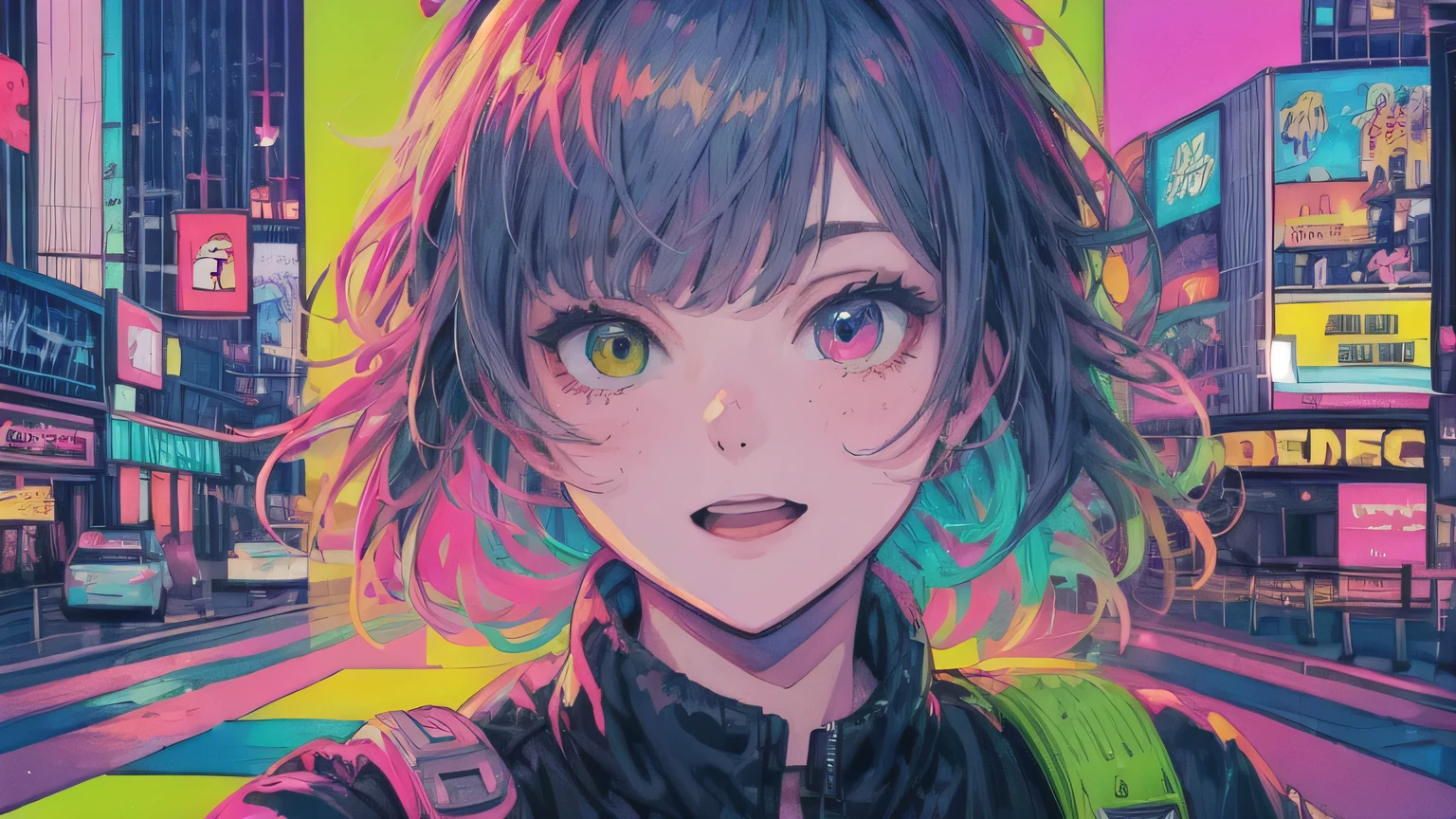 best quality, 4K wallpaper, masterpiece, extremely detailed CG unity 8k wallpaper, extremely detailed eyes, ultra-detailed, intricate details, face close up 1 happy smile shy girl in center, heterochromia, retro art style, neon pop abstract art style, public, highway road, lake, mountain, car