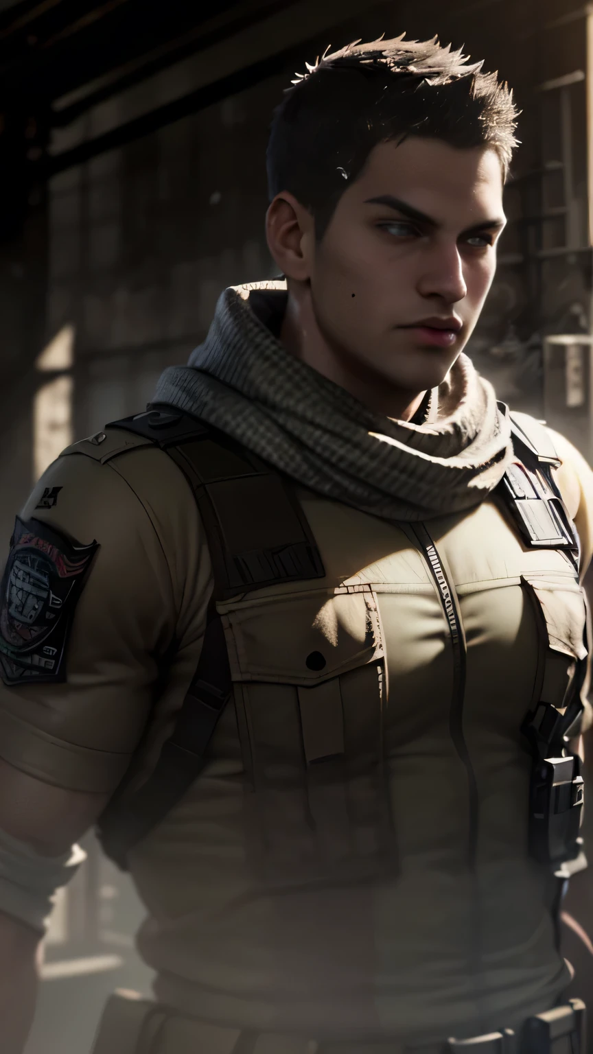 An award winning photo, (Piers Nivans), Resident Evil 6, (accurated face:1.1), short brown combed hair, side part hairstyle (volumetric lighting, HDR, high resolution, photorealistic), lean physique, ultra high res, analog style,pic, upper body shot, military uniform, plaid scarf, trembling, old town, deadpan