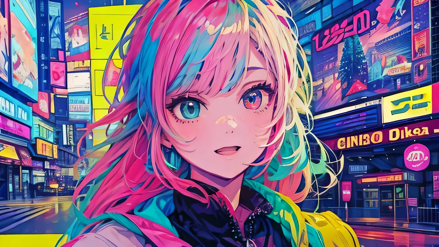 best quality, 4K wallpaper, masterpiece, extremely detailed CG unity 8k wallpaper, extremely detailed eyes, ultra-detailed, intricate details, face close up 1 happy smile shy girl in center, heterochromia, retro art style, neon pop abstract art style, public, highway road, lake, mountain, car