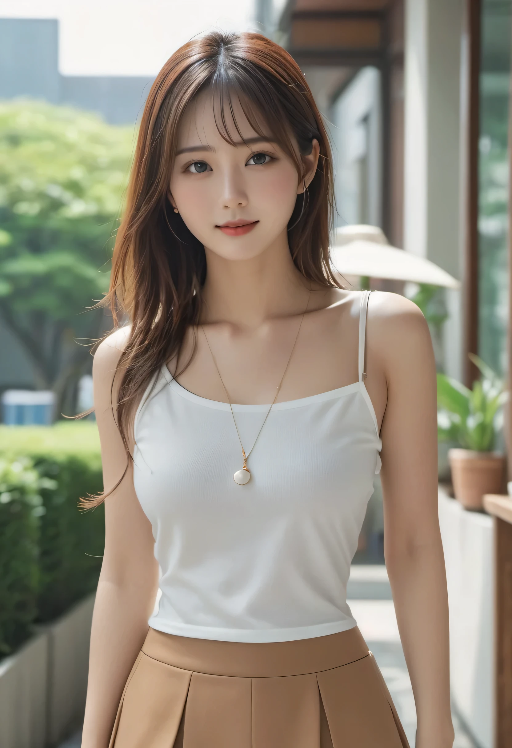 highest quality, realistic, Super detailed, finely, High resolution, 8k wallpaper, 1 beautiful woman,, light brown messy hair, wearing a tank top, sharp focus, perfect dynamic composition, finelyて美しい目, thin hair, Detailed and realistic skin texture, smile, model body shape、((highest quality、8K、masterpiece:1.3))Realistic Japanese woman wearing a tank top、Wear tight skirts、tight waist、navel piercing、 narrow eyes、single eyelid、small eyes、thin eyebrows、droopy eyes、30 year old female、low nose、thin lips、Dimples、no makeup