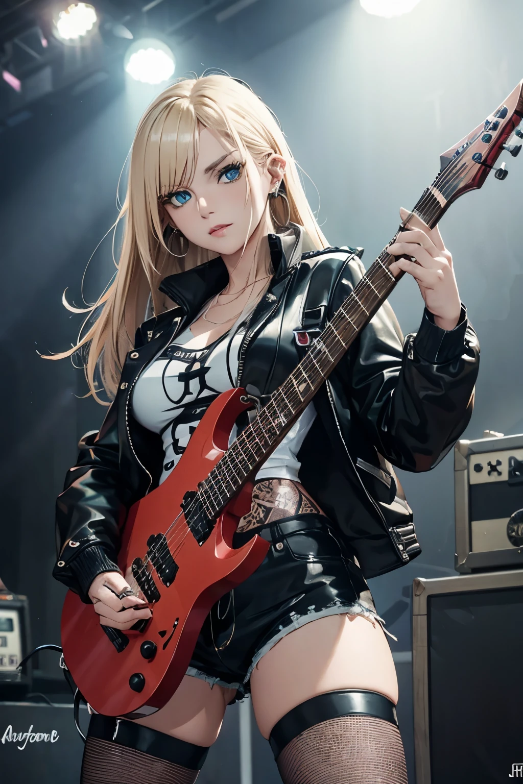 realistic:1.2, Rocker girl wearing a leather jacket,slim body shape、Normal bust size、 highly realistic photograph, fullbody、, １two electric guitars, clothes with spikes,white tank top、Navel exposed、leather shorts、tattoo,earrings dark lipstick, blue eyes,spiky blonde and partially shaved hair, beautiful and perfect legs, confident look, punk style ,dynamic pose, dynamic lighting, Bright colors, ant alexa 65, 50MM lens