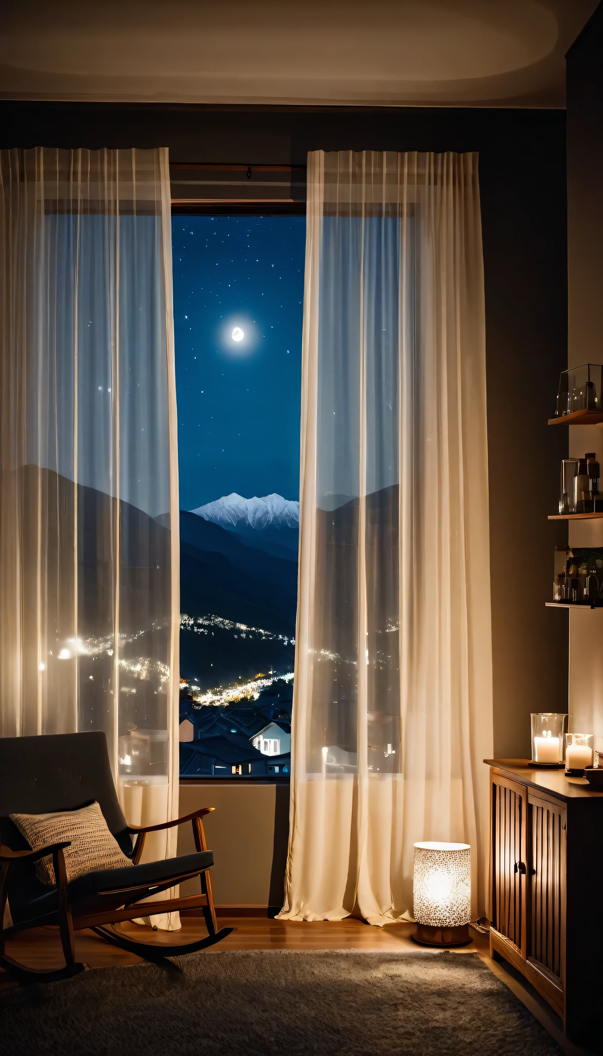 darkroom, night, In Front oF the small hall window,Personal ComFort SoFa Rocking Chair.There is a small night light candle on the table side cabinet. a glass oF boiling water, There is the moon and starry sky outside the window.soFt light and shadow, Stylish and modern, soFt warm light, flowing transparent white curtains.Windows looking at the lights oF distant mountains and towns, Very detailed,tonal texture.Obvious contrast oF light and shadow.High-end and quality.halF-length view , 50mm , F/1.8 , Shutter speed 1/60 , ISO 50 ,Color temperature 4000k， masterpiece.First-person view