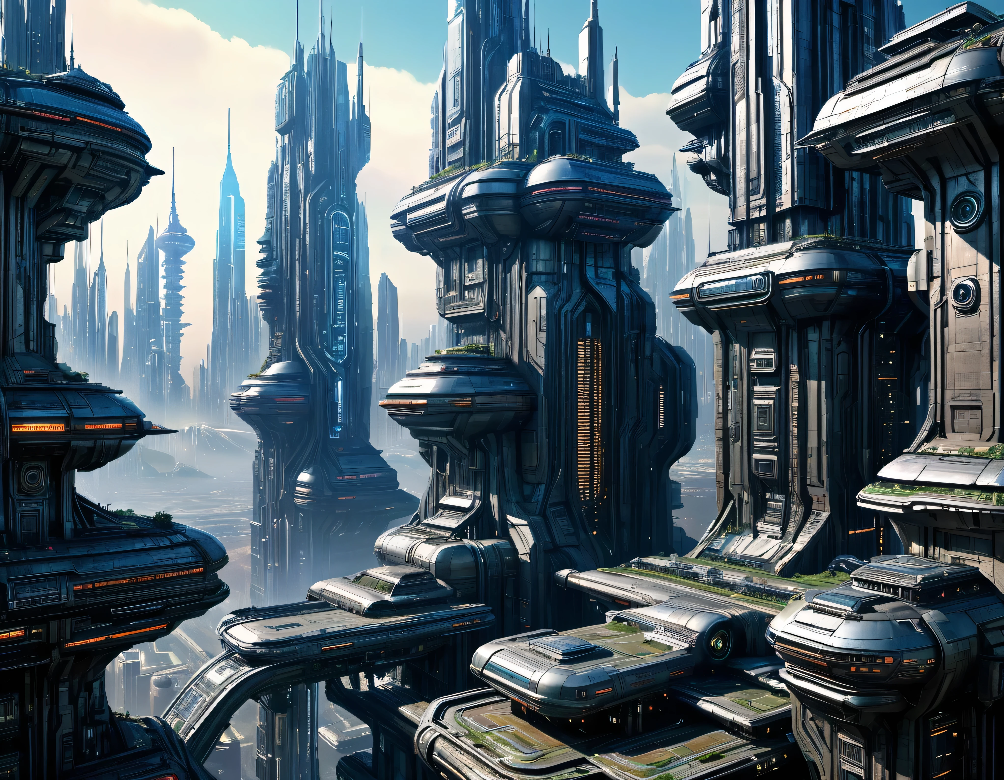 On an unknown planet there is a futuristic fantasy city en una megalopolis similar to the one in the movie Tomorrowland., cyberpunk, century XXV technology, with huge buildings of super technological designs piramidales y octogonales, puentes entre edificios, que forman una infinita avenida con estructuras acristaladas y de metal , donde predomina el bronce, con Colores vivos, pavimento ensolado sin brillo, poca gente paseando, similar a Coruscant, imagen bien definida 8k, (intrincados detalles de la maquina), con muchos edificios juntos.(obra maestra de superior calidad).(imagen fotorrealista), nitidez absoluta hasta el fondo. fondo detallado.