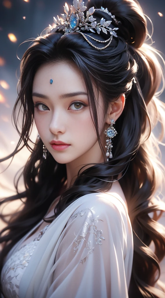 1girl,Sweet,, ,full body ,large breasts,The background is winter,snowy garden,1 girl,beautiful girl,Female Samurai, Holding a Japanese Sword, shining bracelet,beautiful hanfu(white, transparent),cape, solo, {beautiful and detailed eyes}, calm expression, natural and soft light, delicate facial features,very small earrings, ((model pose)), Glamor body type, (dark hair:1.2), beehive,long ponytail,very_long_hair, hair past hip, curly hair, flim grain, realhands, masterpiece, Best Quality, photorealistic, ultra-detailed, finely detailed, high resolution, perfect dynamic composition, beautiful detailed eyes, eye smile, ((nervous and embarrassed)), sharp-focus, full_body, sexy pose,cowboy_shot,Samurai girl,glowing forehead,lighting, Japanese Samurai Sword (Katana),girl