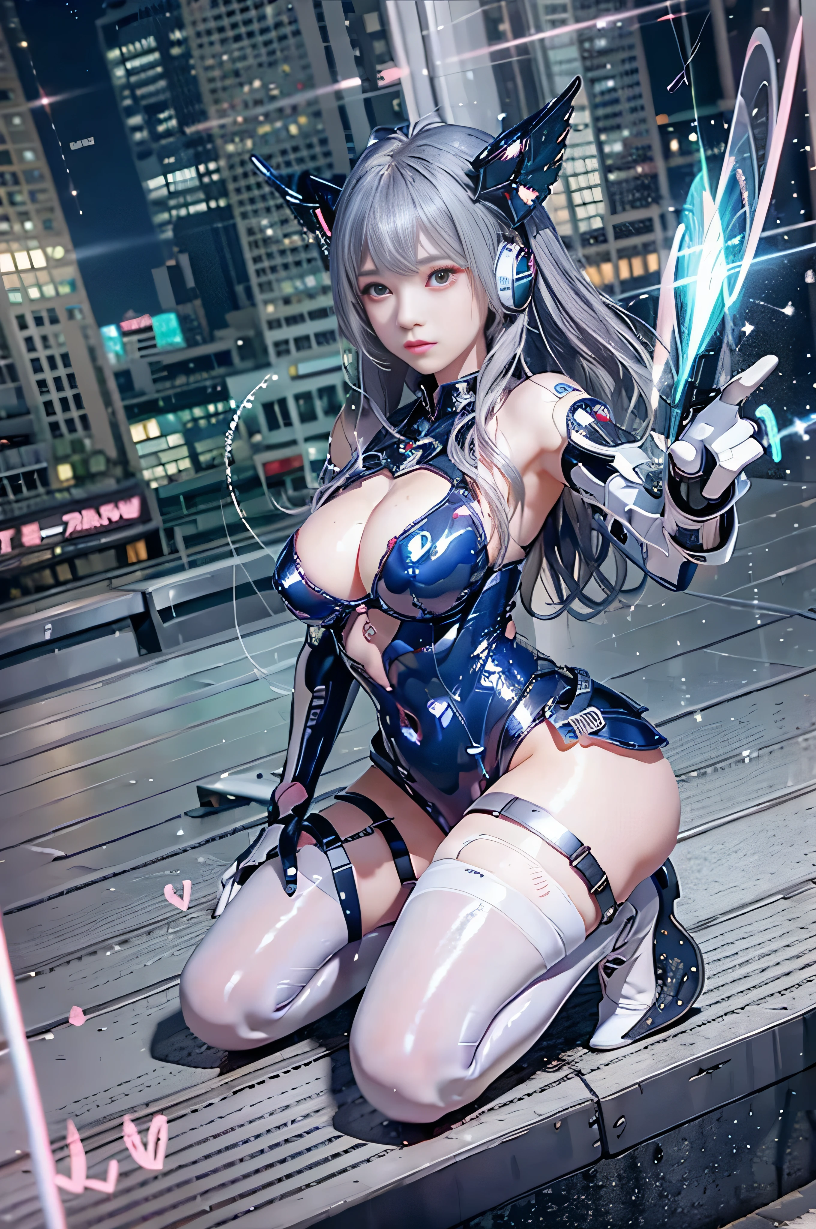 (((RAW image quality:1.4))), {{{masterpiece}}}, {{best image quality}}, {{Super detailed}}, {{8k wallpaper}}, {{perfect anatomy}}, {{High definition and beautiful images, reality, live action, gravure}}, heart shaped face, woman, (((Luminous blue highlights for silver hair:1.4))), (white and pink shiny latex leotard:1.4), Pink light emitting unit on white mechanism part, knee socks, long gloves, (The costume is made of translucent resin parts., All other clothing is made of resin.), spirit peak, powder snow, Diamond dust, big breasts, cleavage, thighs, shoulder bangs, (large pair of mechanical angel wings, 2 beam cannons on headset ):1.4, Beam gun base on seat, snowy cyberpunk metropolis, building roof, (Angle of view above the knee, facing the front, looking at camera), Big city at night, random pose,