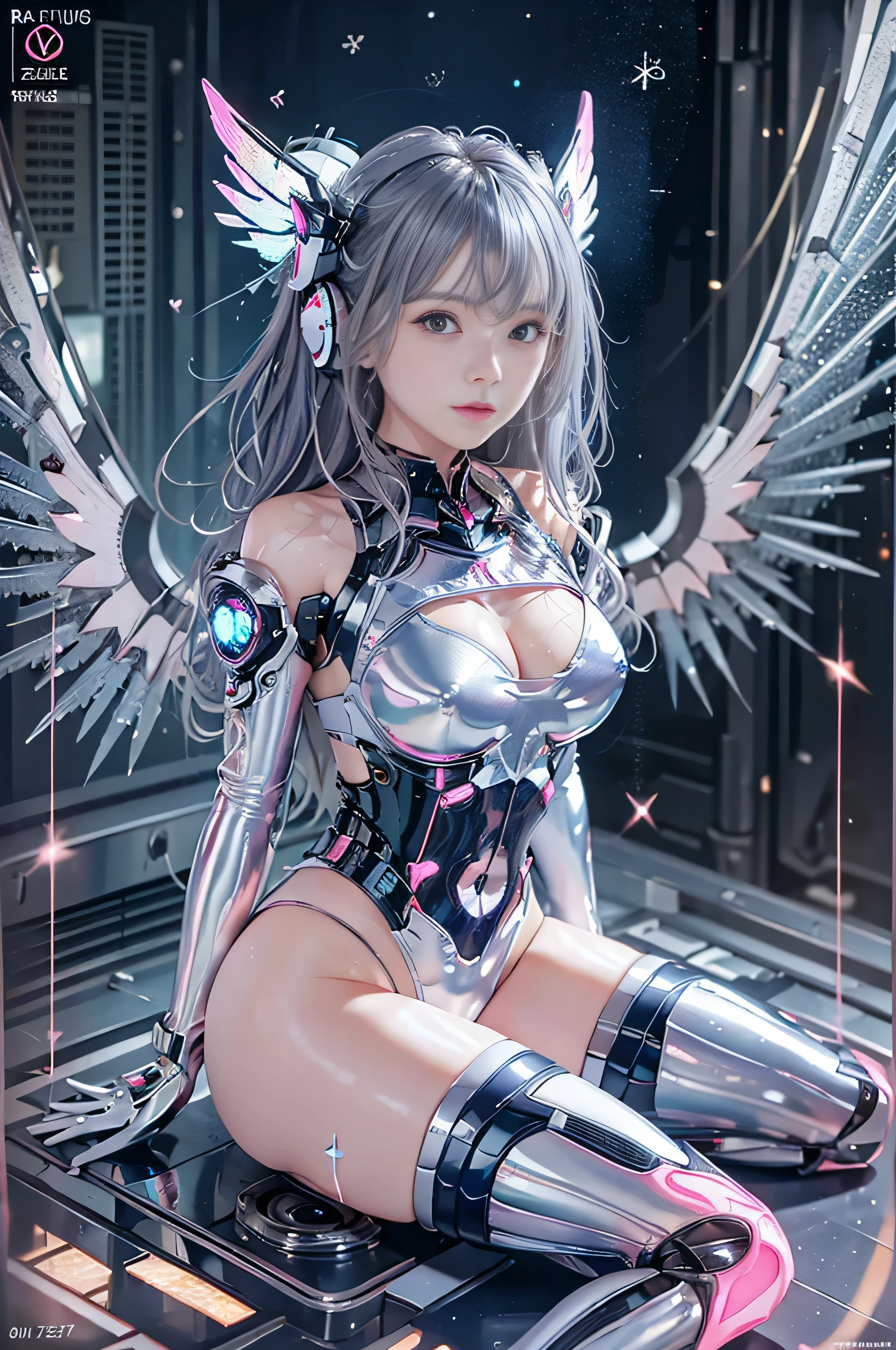 (((RAW image quality:1.4))), {{{masterpiece}}}, {{best image quality}}, {{Super detailed}}, {{8k wallpaper}}, {{perfect anatomy}}, {{High definition and beautiful images, reality, live action, gravure}}, heart shaped face, woman, (((Luminous blue highlights for silver hair:1.4))), (white and pink shiny latex leotard:1.4), Pink light emitting unit on white mechanism part, knee socks, long gloves, (The costume is made of translucent resin parts., All other clothing is made of resin.), spirit peak, powder snow, Diamond dust, big breasts, cleavage, thighs, shoulder bangs, (large pair of mechanical angel wings, 2 beam cannons on headset ):1.4, Beam gun base on seat, snowy cyberpunk metropolis, building roof, (Angle of view above the knee, facing the front, looking at camera), Big city at night, random pose,