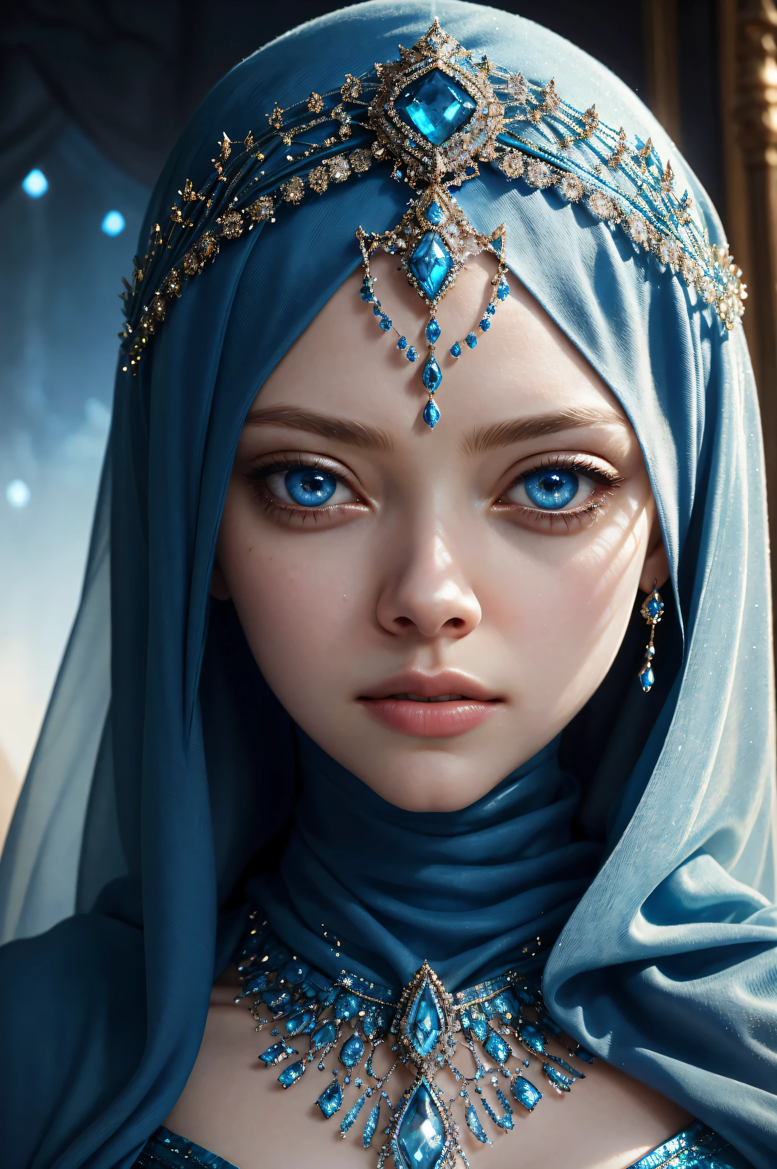 Amanda Seyfried, wearing hijab made of blue with jewelry and diamonds costume transparent. professionally retouched, soft lighting, realistic, smooth face, perfect eyes, sharp focus on eyes, 8 k, high definition, insanely detailed, intricate, elegant. against the background of Petra.