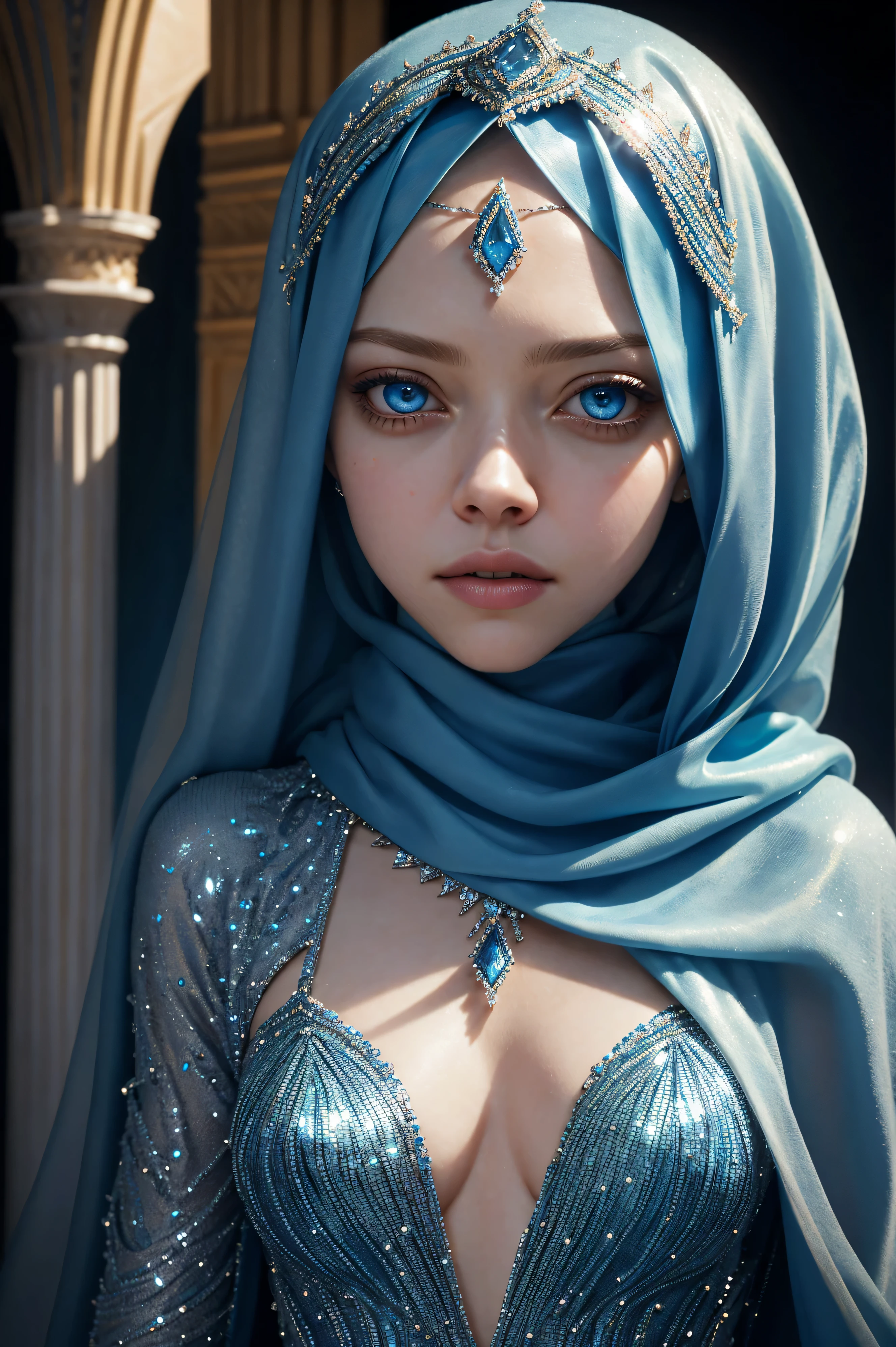 Amanda Seyfried, wearing hijab made of blue with jewelry and diamonds costume transparent. professionally retouched, soft lighting, realistic, smooth face, perfect eyes, sharp focus on eyes, 8 k, high definition, insanely detailed, intricate, elegant. against the background of Petra.
