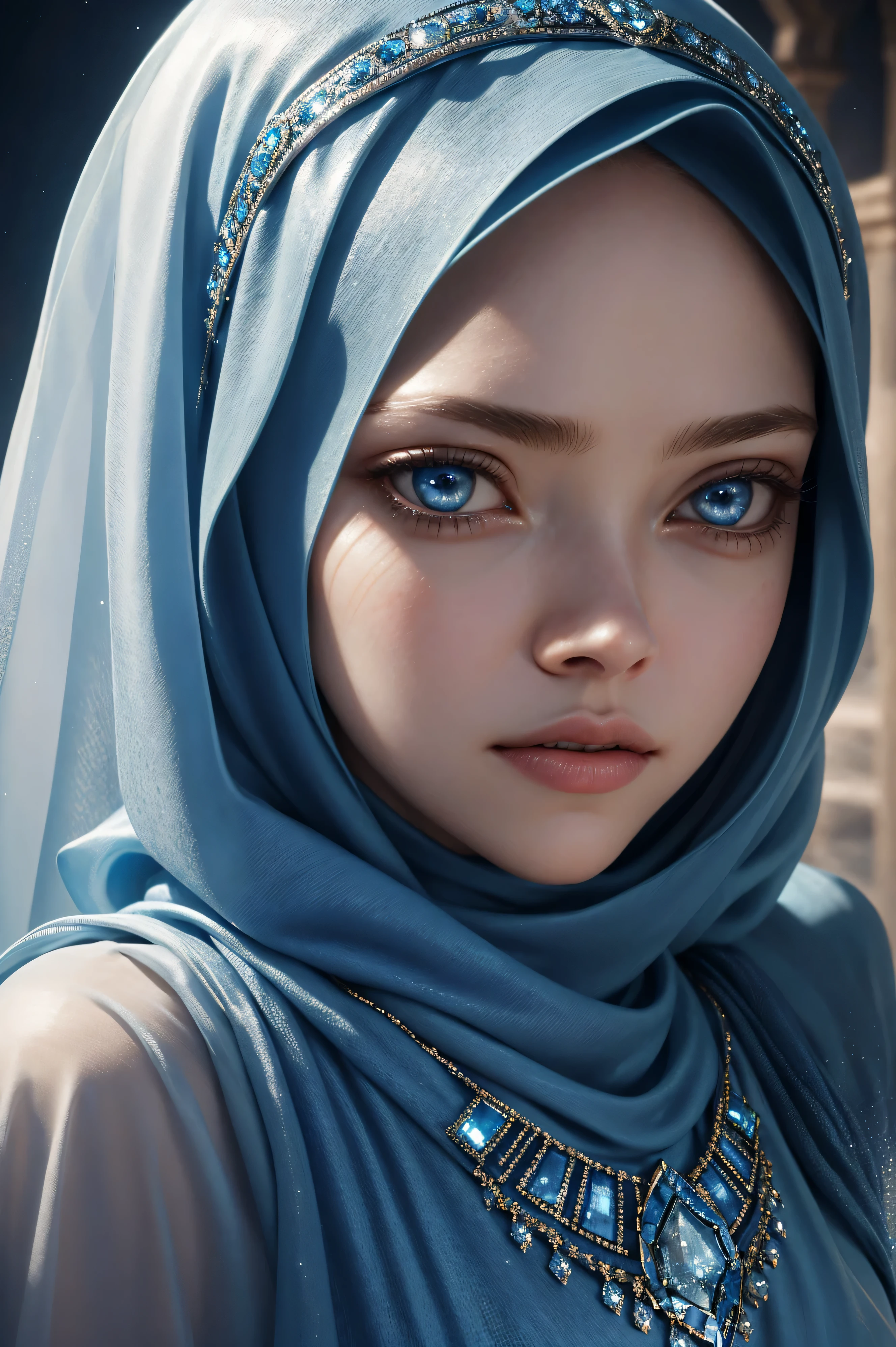 Amanda Seyfried, wearing hijab made of blue with jewelry and diamonds costume transparent. professionally retouched, soft lighting, realistic, smooth face, perfect eyes, sharp focus on eyes, 8 k, high definition, insanely detailed, intricate, elegant. against the background of Petra.