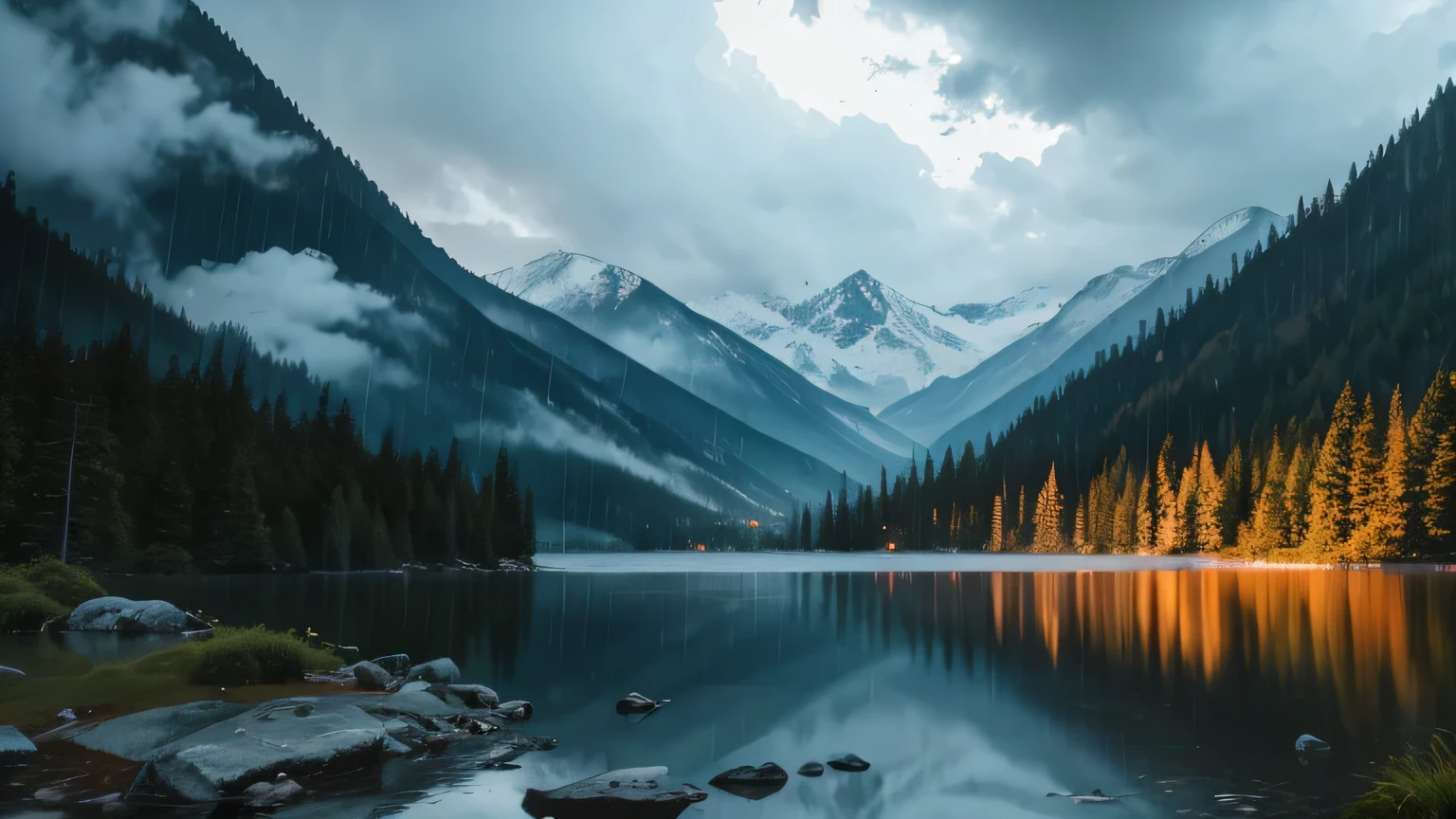 chuva forte nas montanhas com lago, late afternoon, Melhor qualidade, realista, 4K, Muita chuva, chuva torrencial