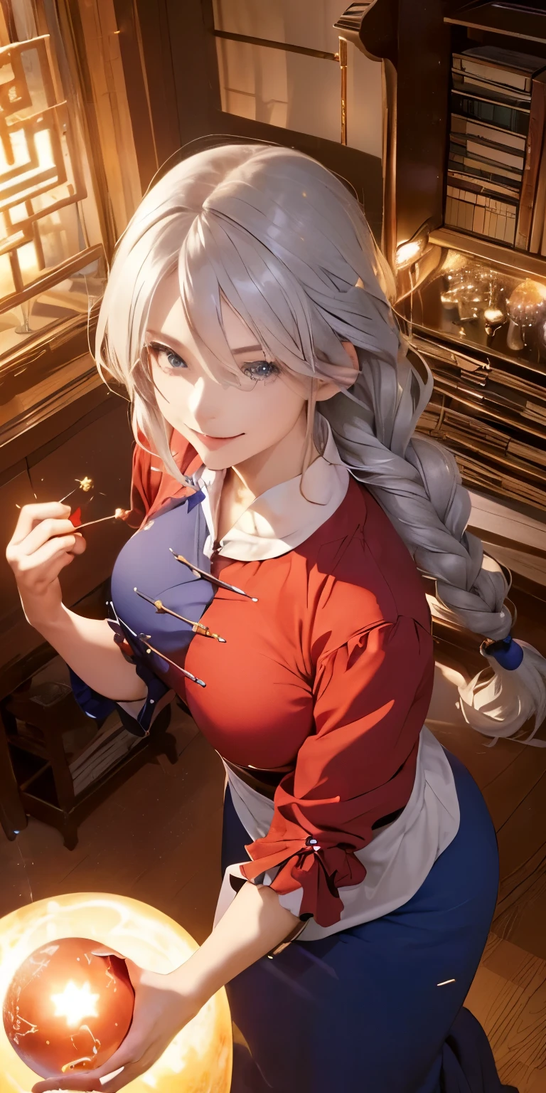 (masterpiece, best quality:1.3), (from above:1.3), Yagokoro Eirin, Touhou Series, perfect face, expressive eyes, 1woman, looking at viewer, 38 years old, gorgeous body, big breast, beautiful, anime, lora,1woman, silver hair, braid hair, nurse cap, red and blue clothes, long skirt, (crazy smile:1.5), (cinematic lighting, realistic, dream-like, enchanting atmosphere:1.5), (photo of a woman in her dark and mysterious environment:1.3), (the woman surrounded by an aura of mystery and intrigue:1.3), (in the middle of a massive modern library in the style of Tianjin Library:1.3), (candles flickering, casting dancing shadows around the room:1.3), (the dim lighting adding to the ambiance of secrecy and mysticism:1.3), (a crystal ball nearby, adding to the mystical setting:1.3), (symbols of astrology and esoteric knowledge decorating the room:1.3), (a hint of incense in the air, adding to the sensory experience:1.3), 