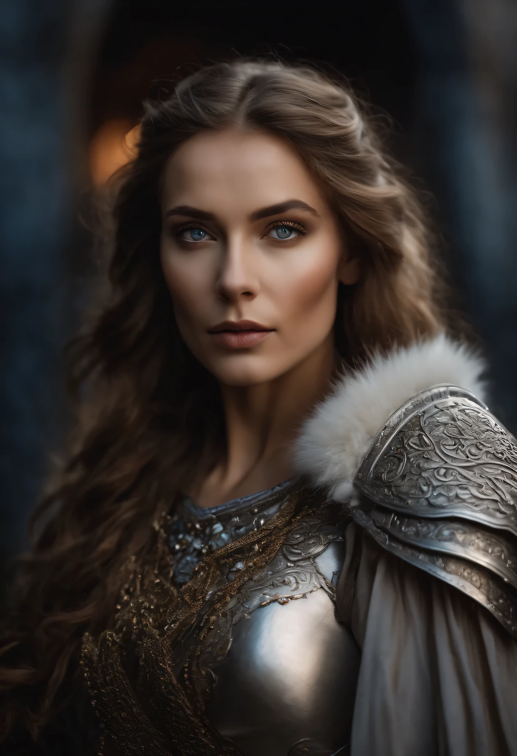 (close-up), Contemplative mood, Night portraits, muted tones, beautiful woman of Slavic appearance in luxurious matte medieval armor in fantasy style, white fabrics on armor, luxurious lush fur collar on the shoulders, against the background of the castle, Looking straight into the camera, dark night, torches, Blue eyes, (((focus your eyes))), (highly detailed skin), look at the viewer, Soft light, 8 k, granularity, hyper-realistic textures
